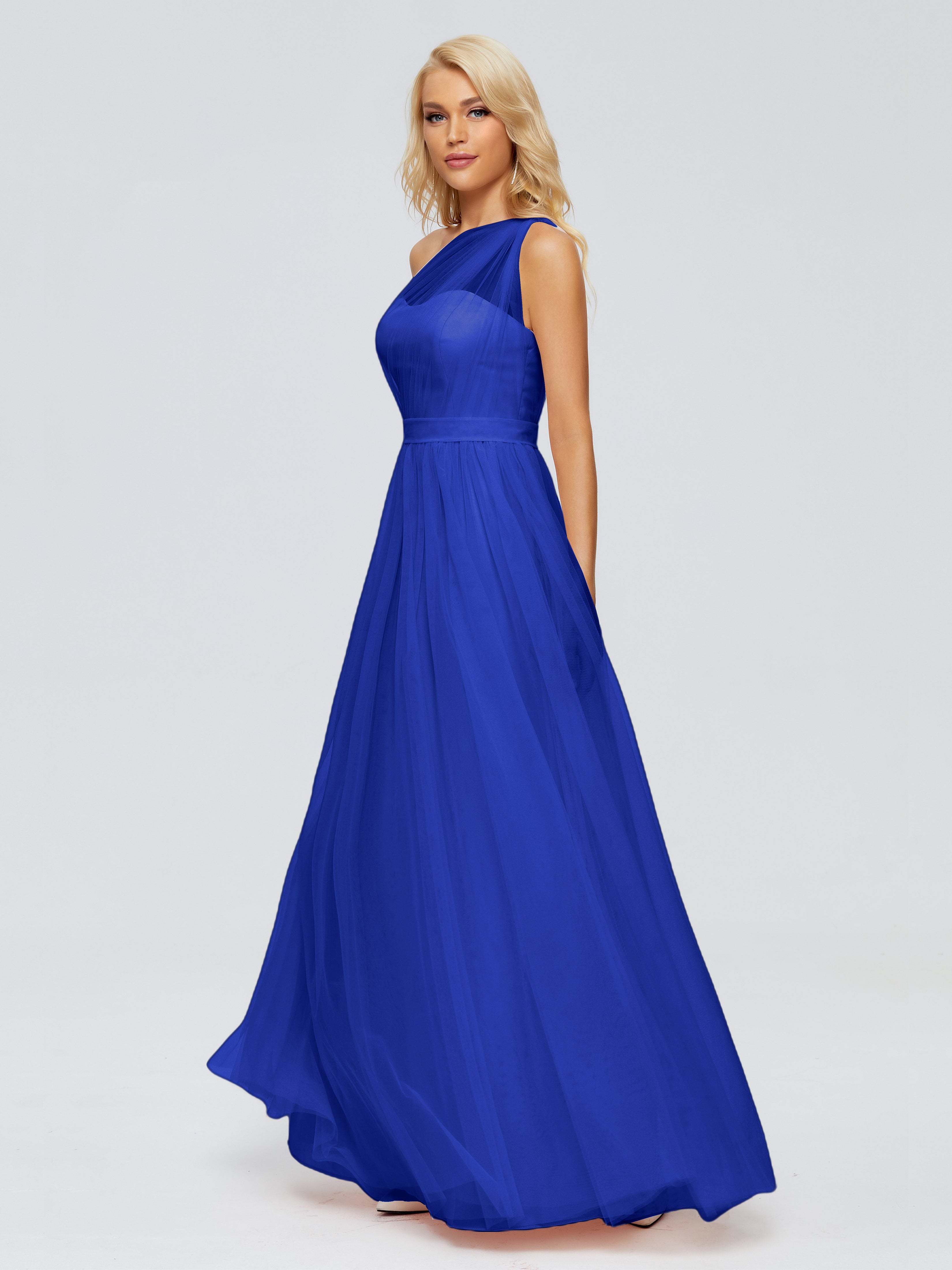 Demoiselle Dhonneur Robe Bleu Roi Trapèze Seule-Épaule Ruban Mousseline Robes Demoiselle D'Honneur