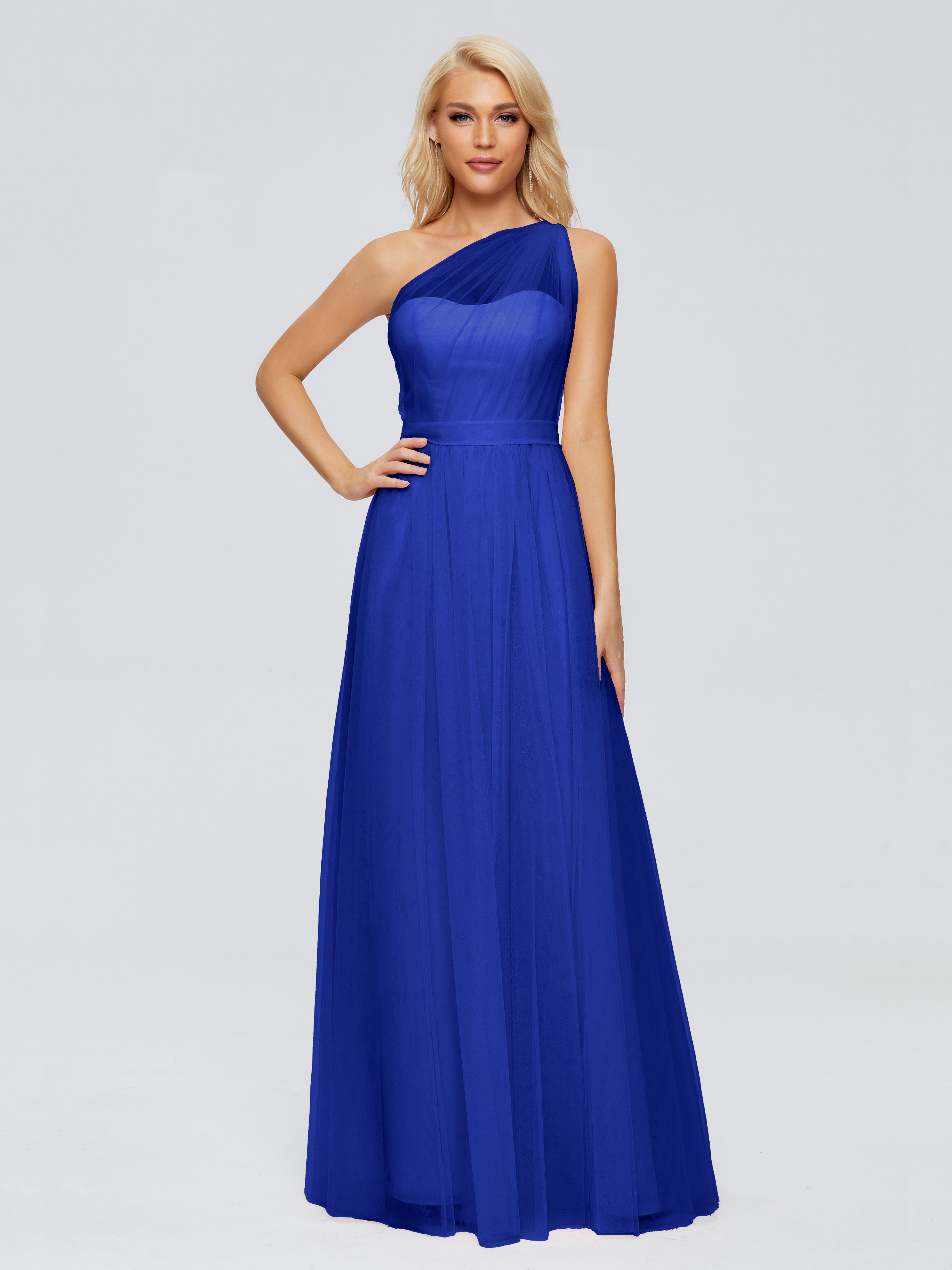 Demoiselle Dhonneur Robe Bleu Roi Trapèze Seule-Épaule Ruban Mousseline Robes Demoiselle D'Honneur