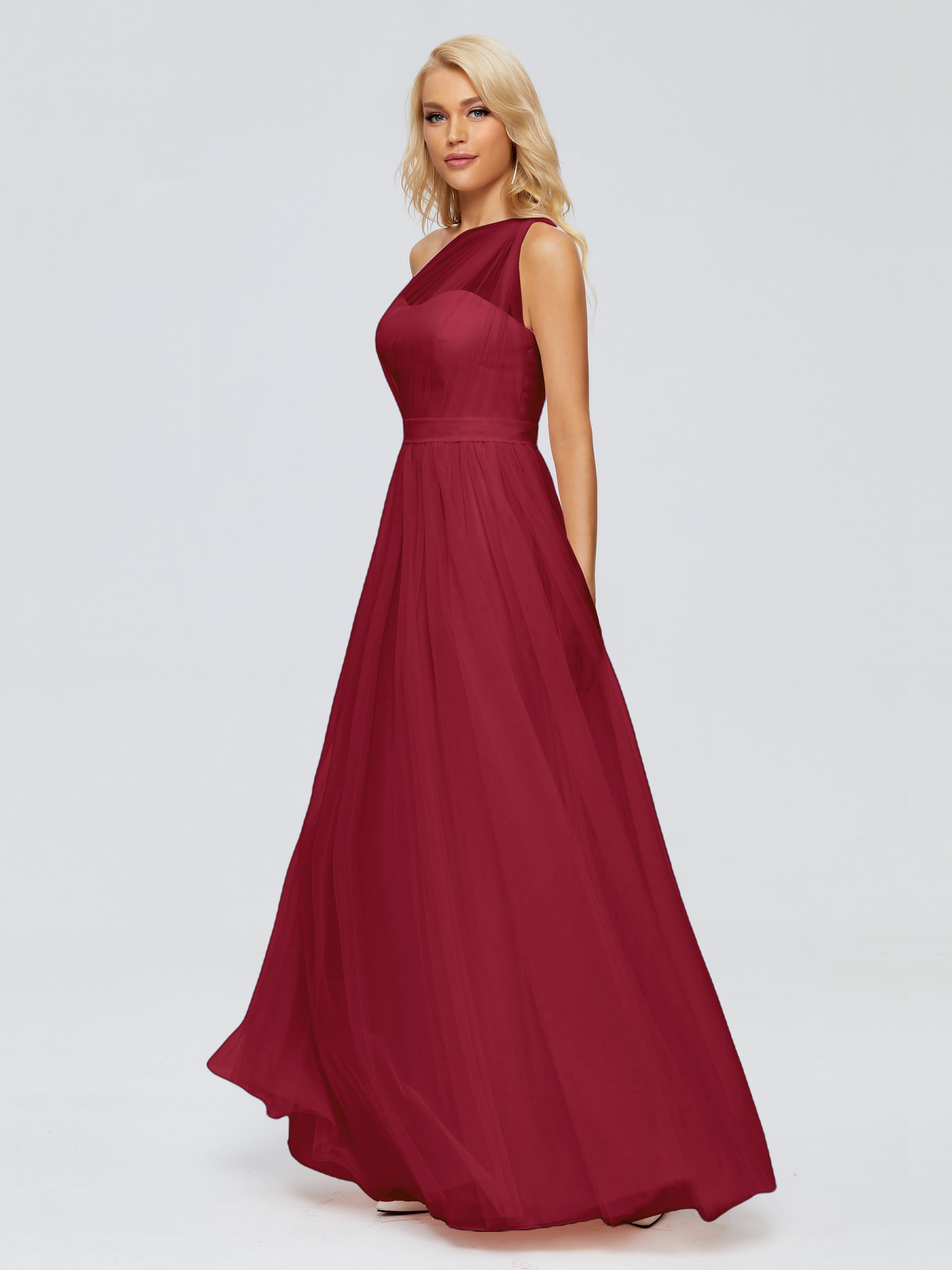 Long Robe Demoiselle D Honneur Bordeaux Trapèze Seule-Épaule Ruban Mousseline Robes Demoiselle D'Honneur