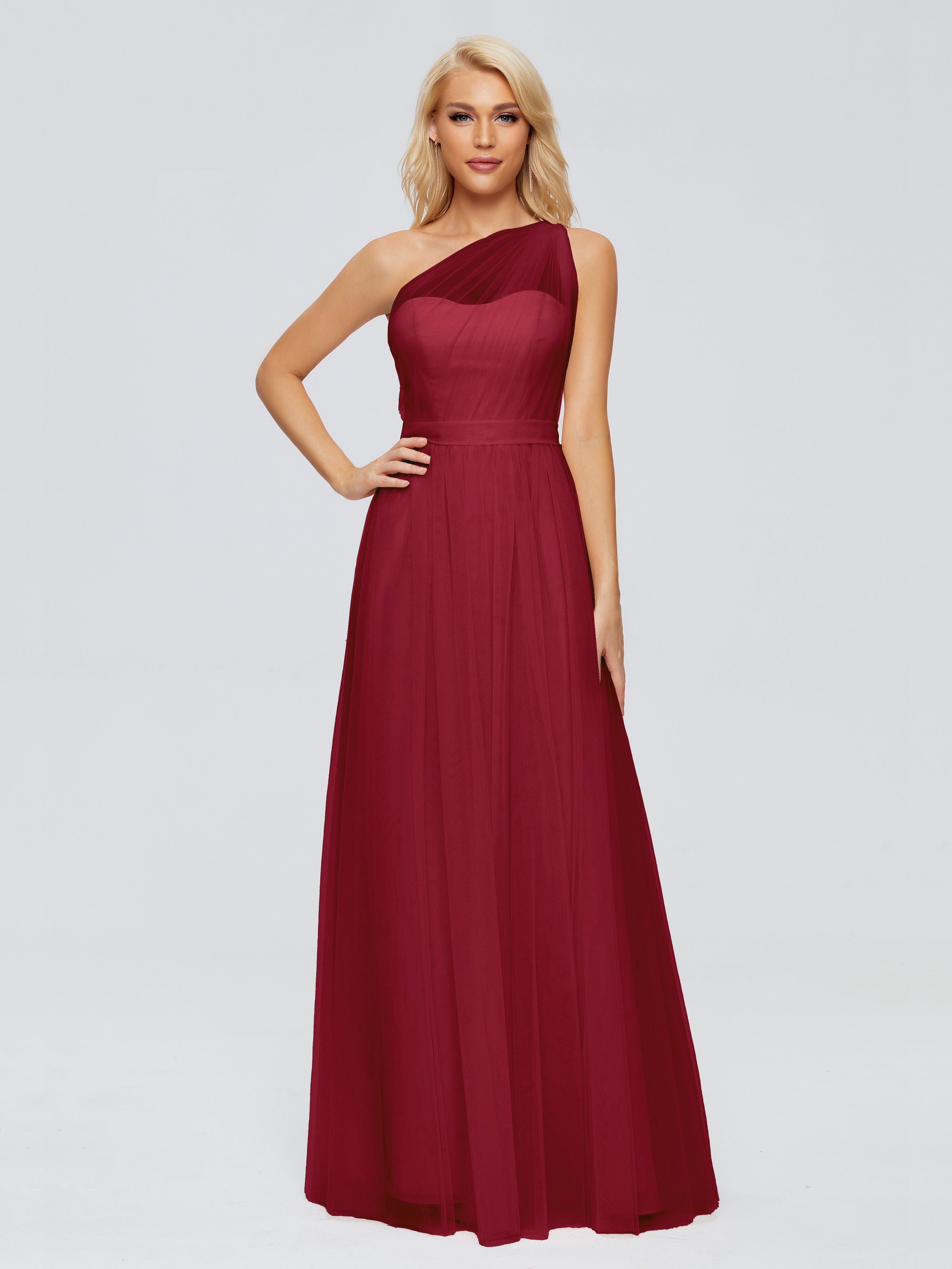 Long Robe Demoiselle D Honneur Bordeaux Trapèze Seule-Épaule Ruban Mousseline Robes Demoiselle D'Honneur
