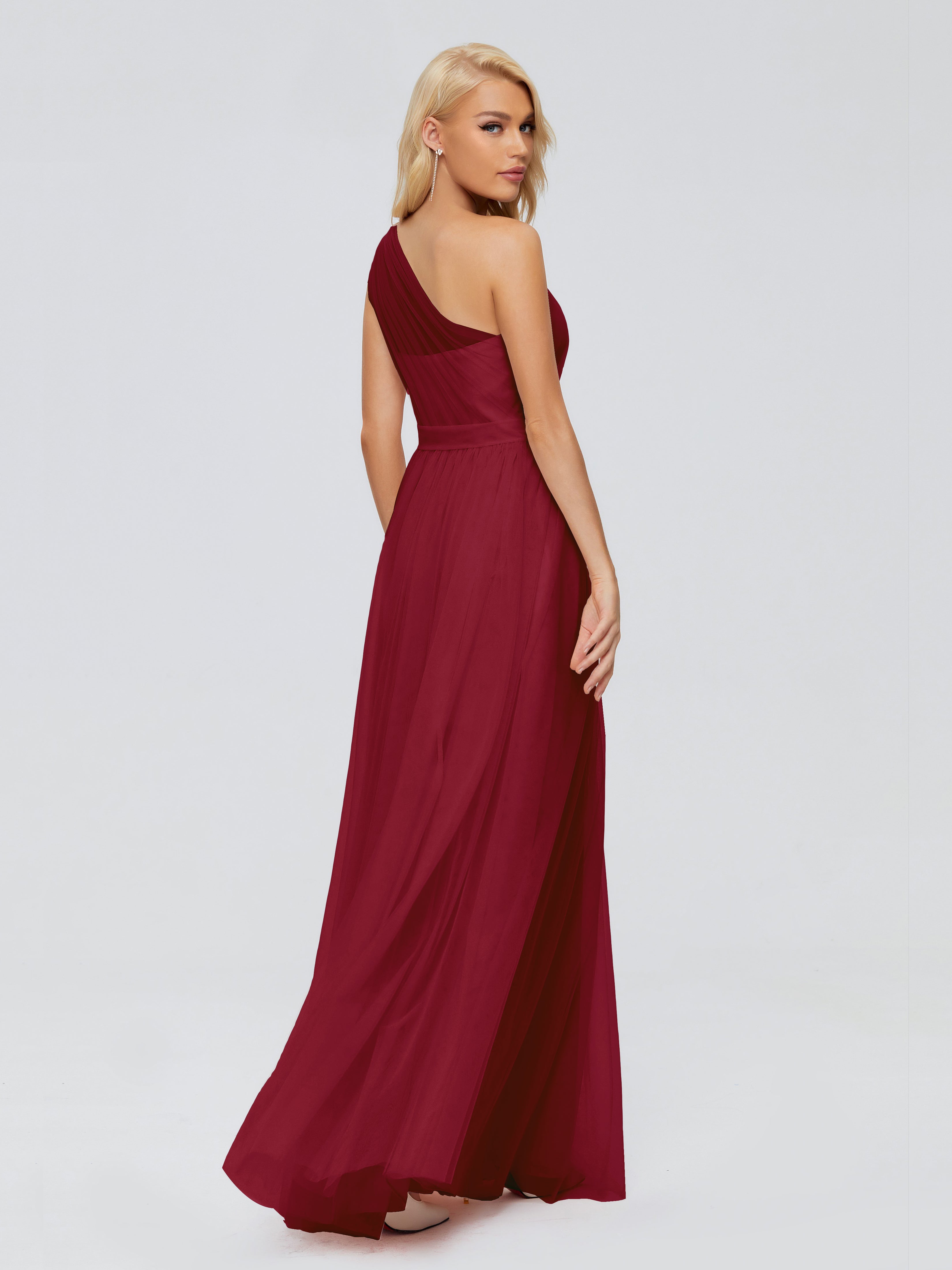 Long Robe Demoiselle D Honneur Bordeaux Trapèze Seule-Épaule Ruban Mousseline Robes Demoiselle D'Honneur