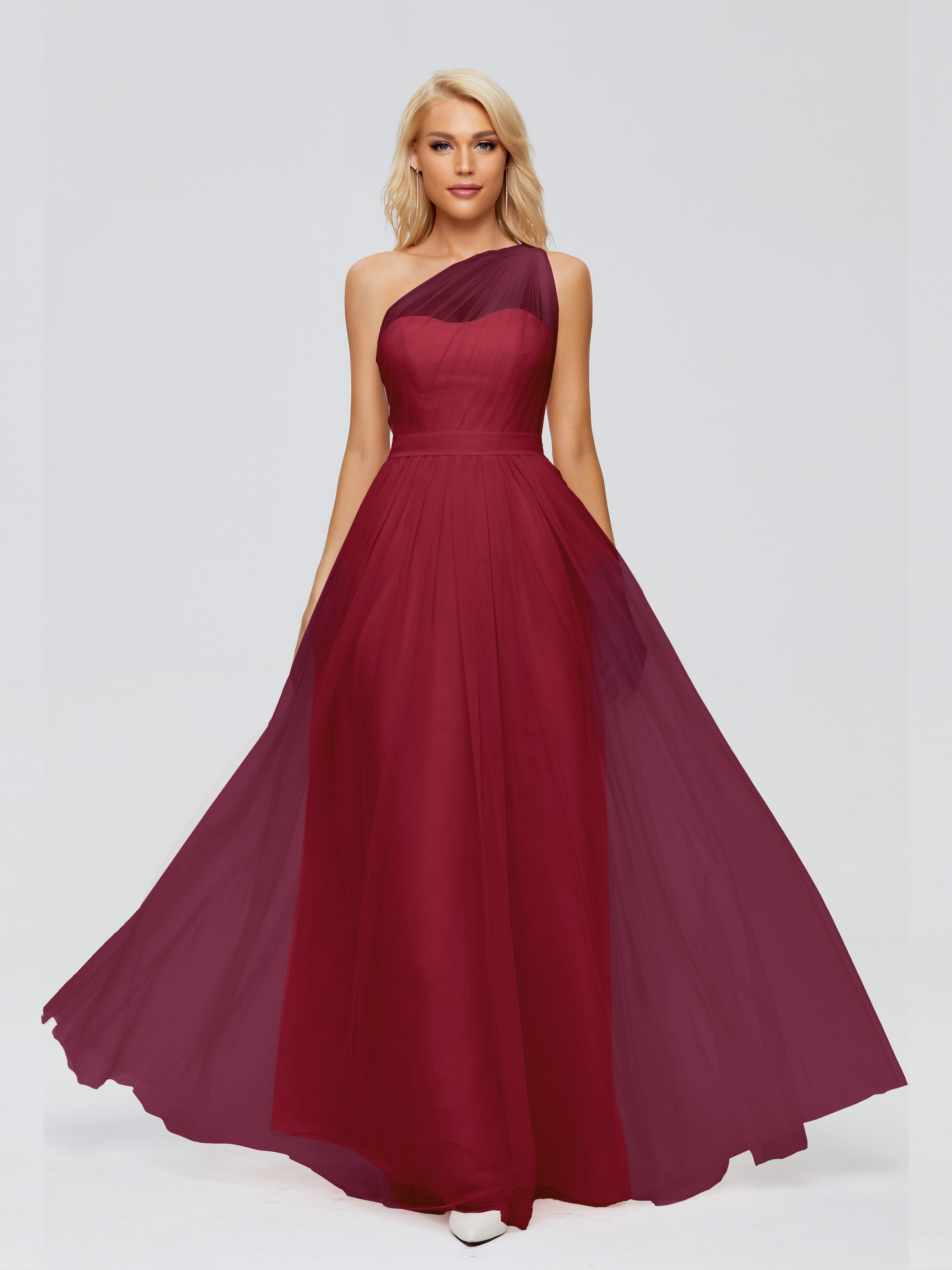 Long Robe Demoiselle D Honneur Bordeaux Trapèze Seule-Épaule Ruban Mousseline Robes Demoiselle D'Honneur