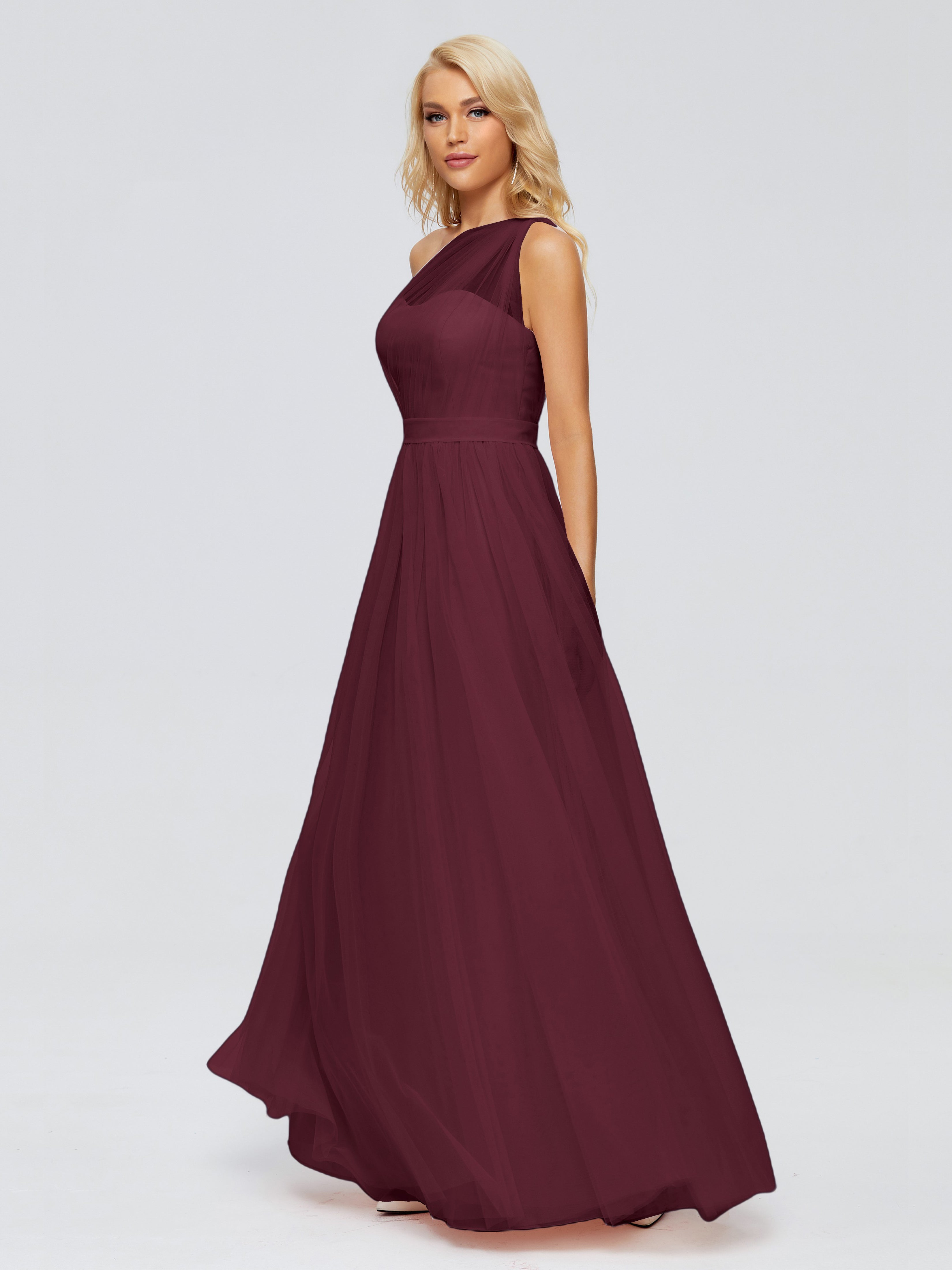 Robes De Demoiselle D'Honneur Cabernet A-ligne Seule-Épaule Ruban Mousseline Robes Demoiselle D'Honneur