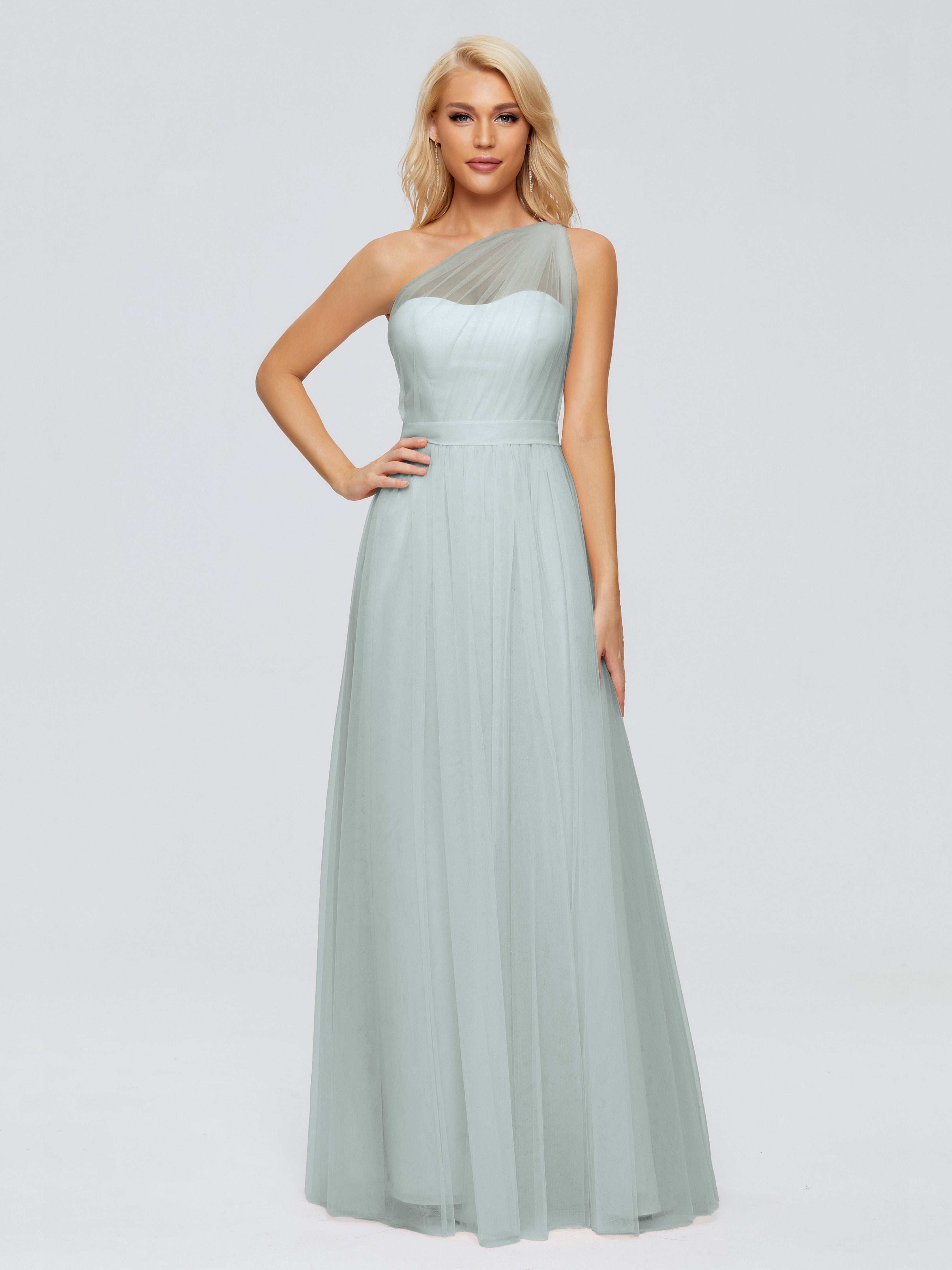 Robe Demoiselle D Honneur Celadon A-ligne Seule-Épaule Ruban Mousseline Robes Demoiselle D'Honneur