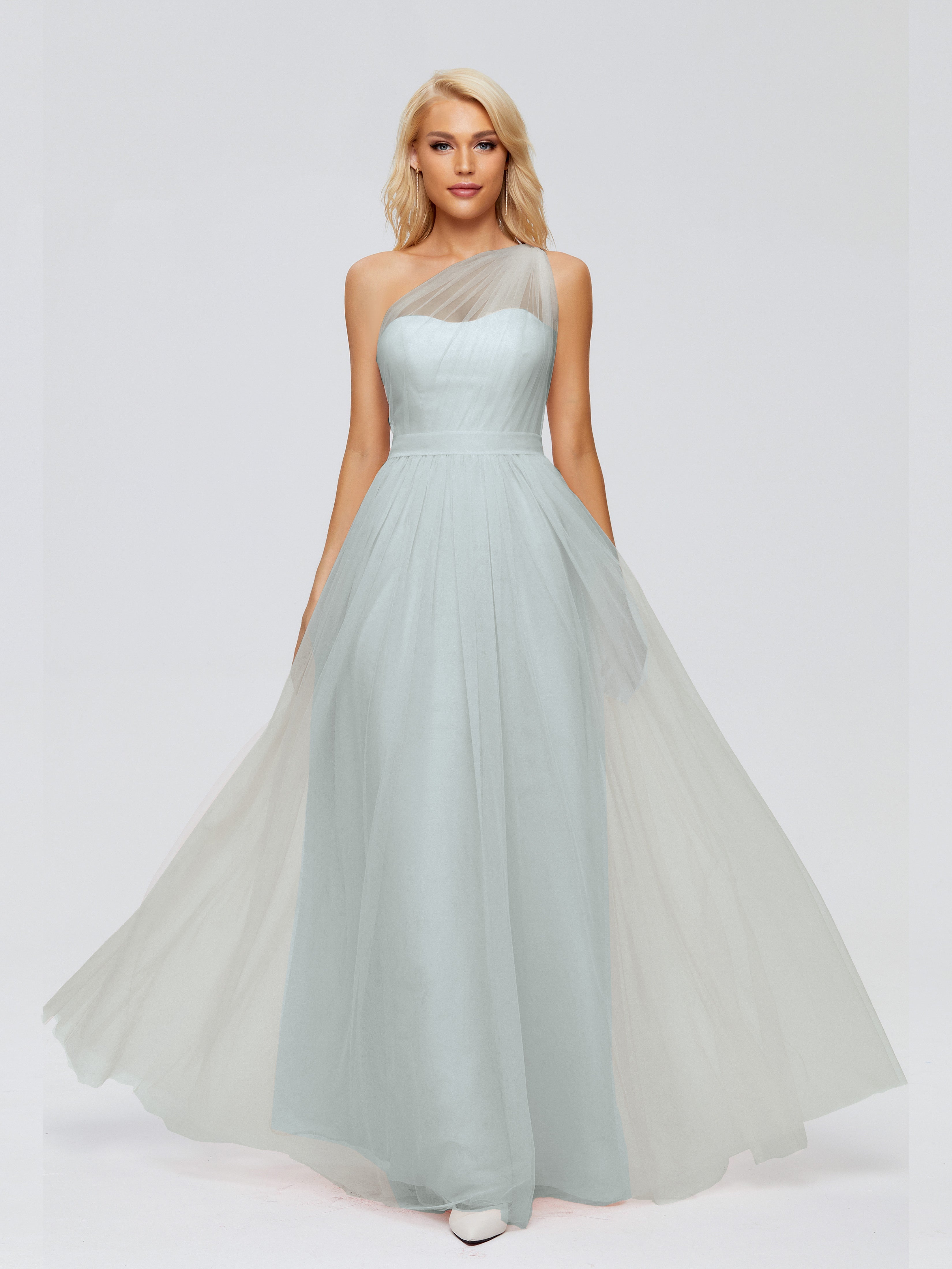 Robe Demoiselle D Honneur Celadon A-ligne Seule-Épaule Ruban Mousseline Robes Demoiselle D'Honneur