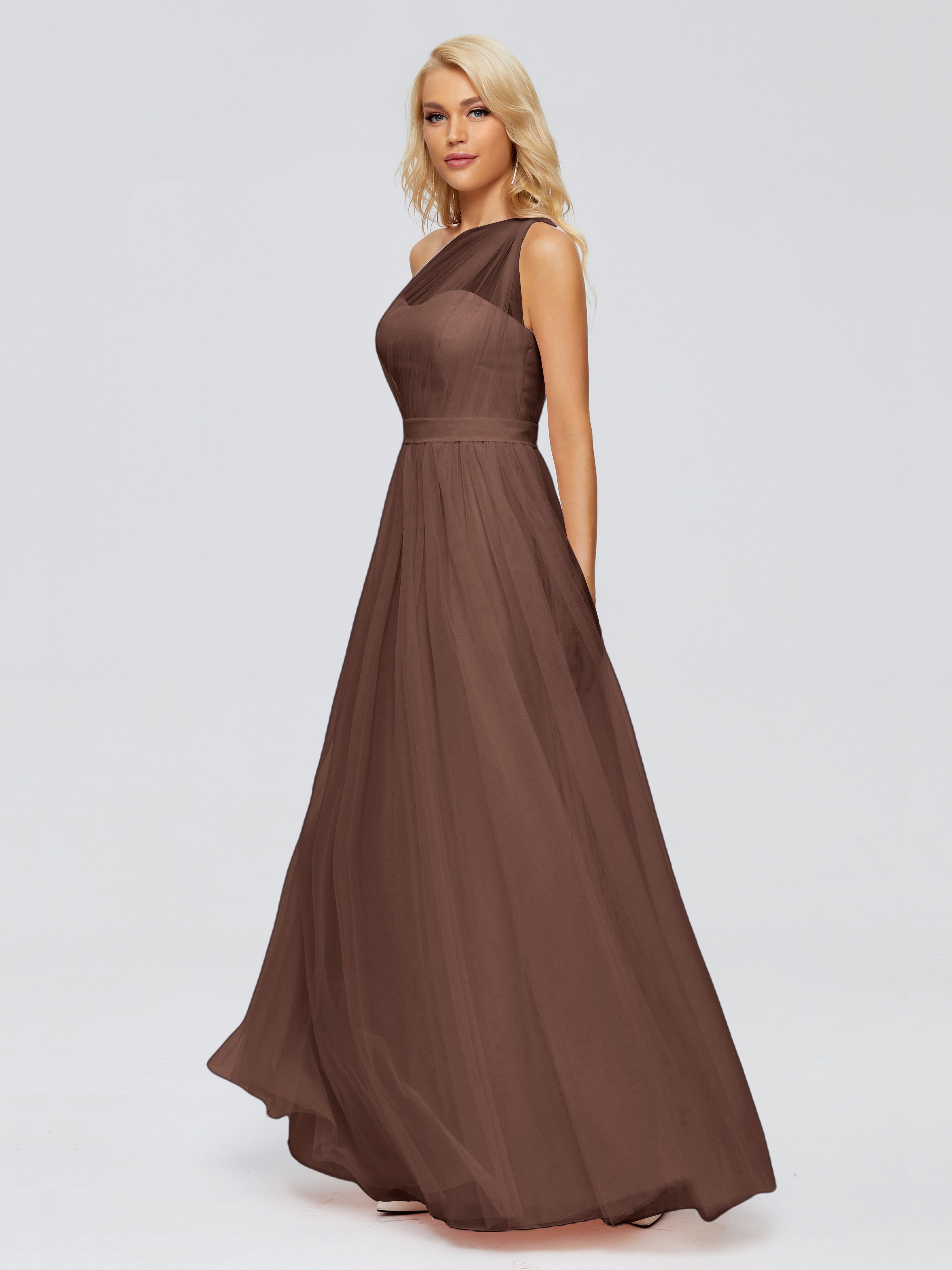 Robe Demoiselle D Honneur Marron Chocolat A-ligne Seule-Épaule Ruban Mousseline Robes Demoiselle D'Honneur