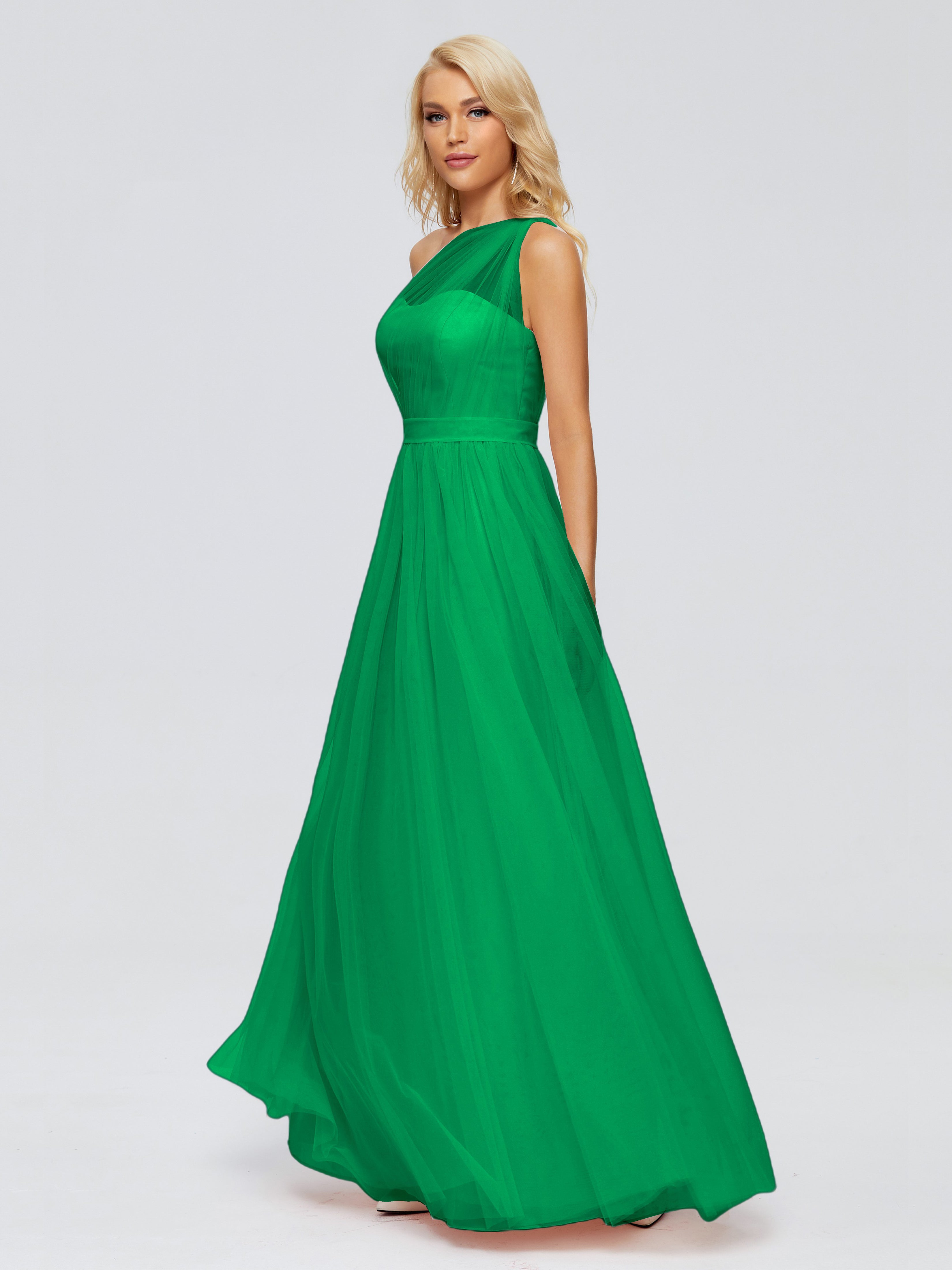 Demoiselle D Honneur Vert Émeraude Trapèze Seule-Épaule Ruban Mousseline Robes Demoiselle D'Honneur