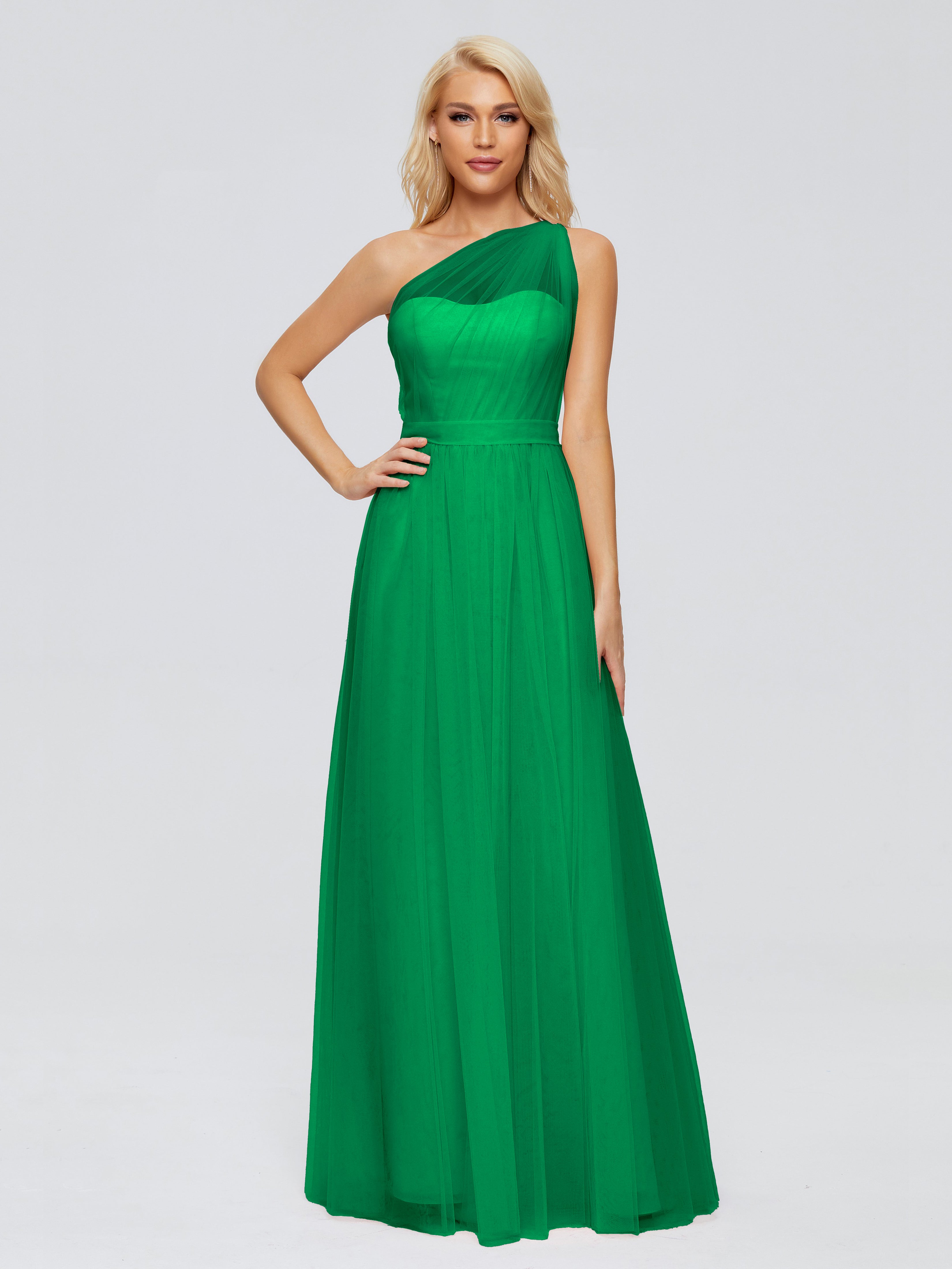 Demoiselle D Honneur Vert Émeraude Trapèze Seule-Épaule Ruban Mousseline Robes Demoiselle D'Honneur