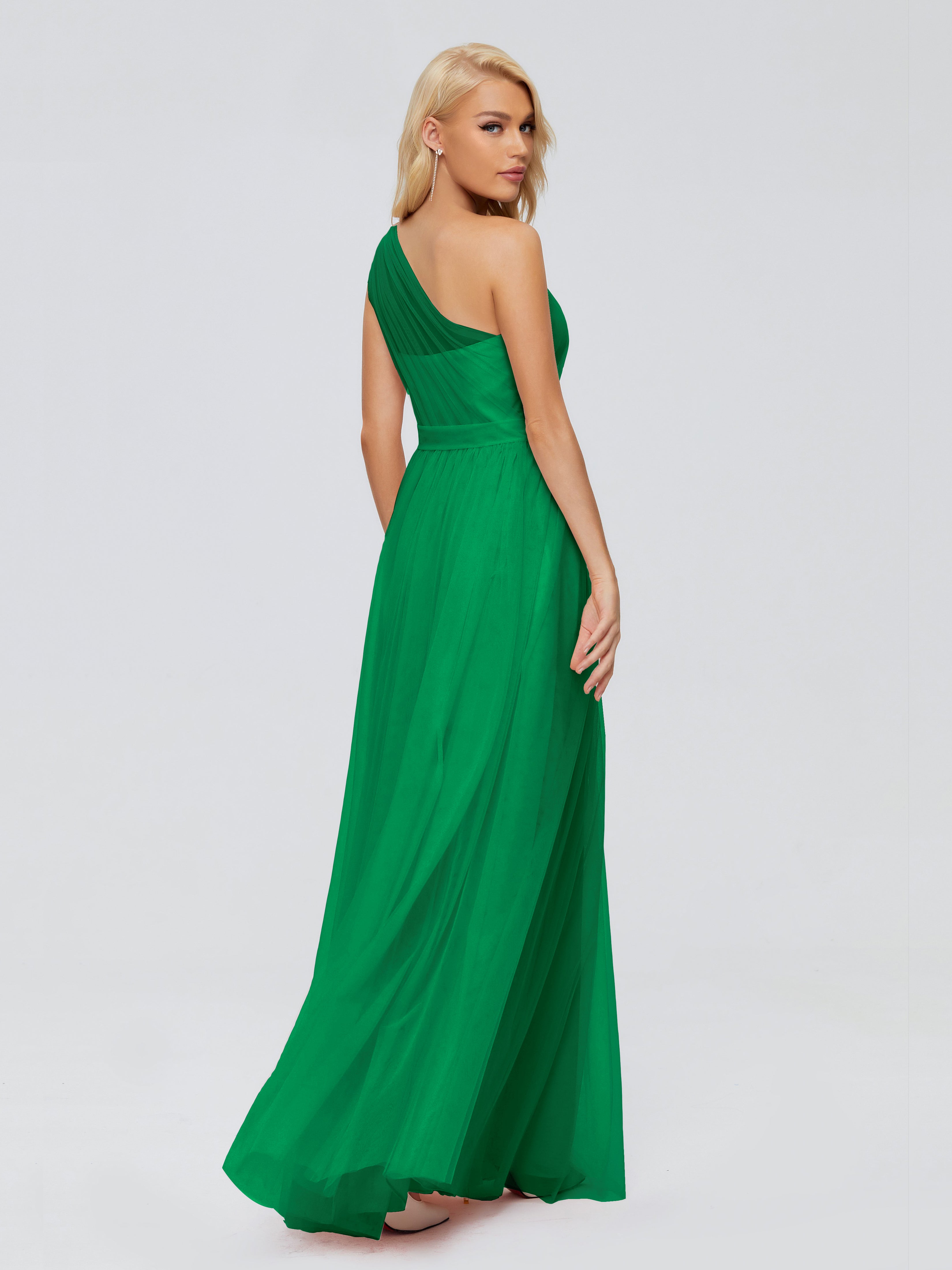 Demoiselle D Honneur Vert Émeraude Trapèze Seule-Épaule Ruban Mousseline Robes Demoiselle D'Honneur