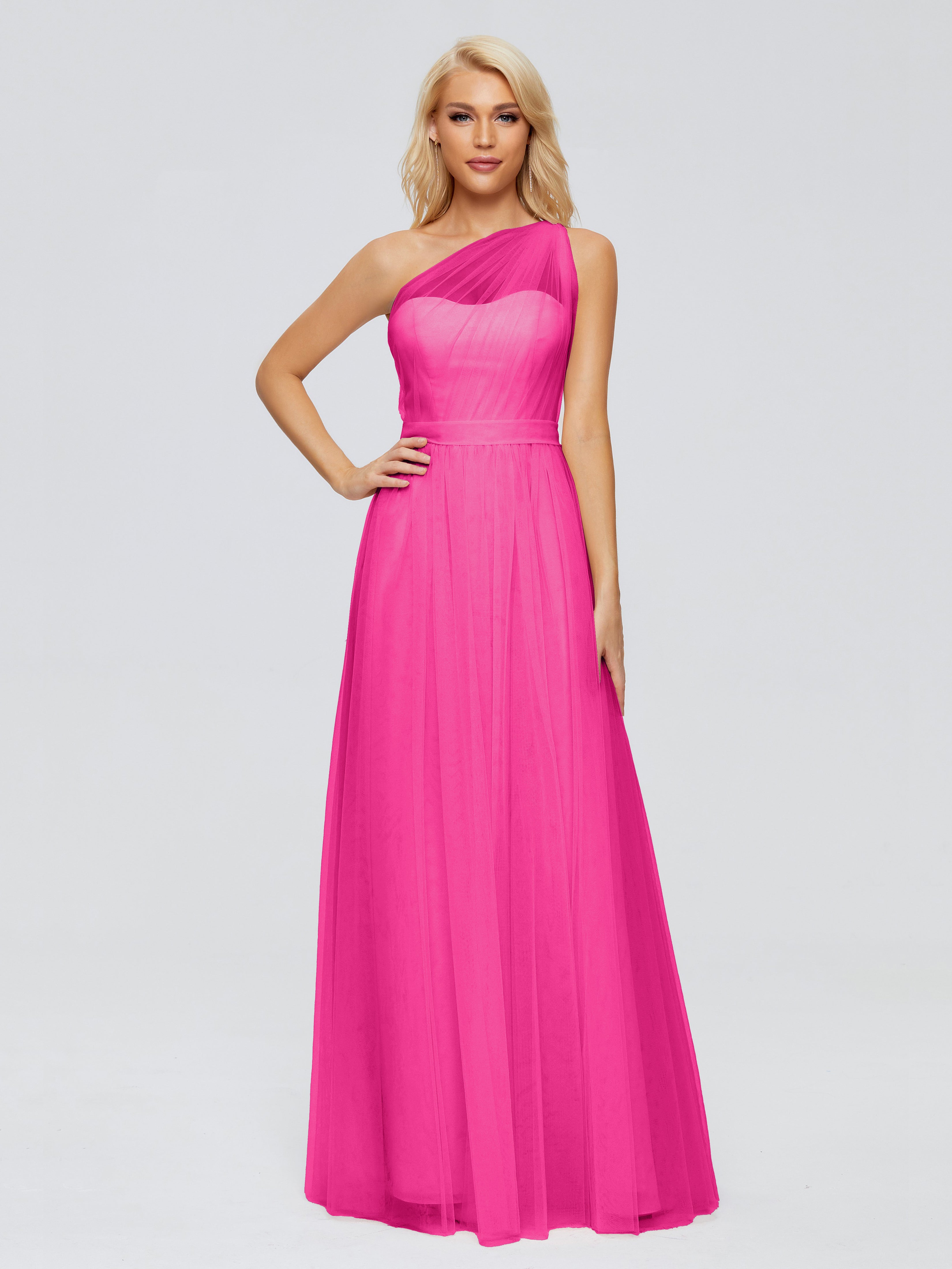 Robe Fuchsia Demoiselle D Honneur A-ligne Seule-Épaule Ruban Mousseline Robes Demoiselle D'Honneur
