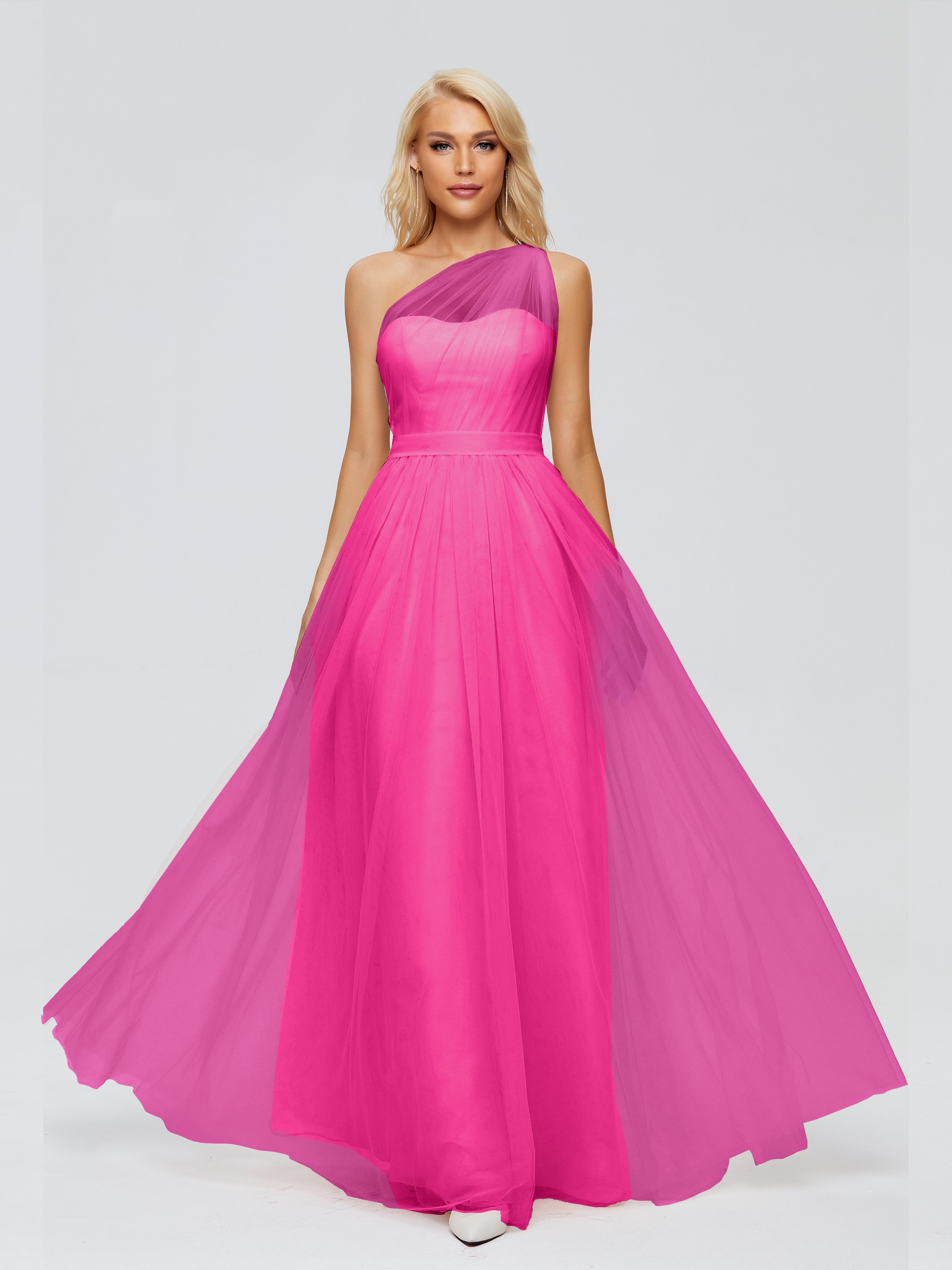 Robe Fuchsia Demoiselle D Honneur A-ligne Seule-Épaule Ruban Mousseline Robes Demoiselle D'Honneur