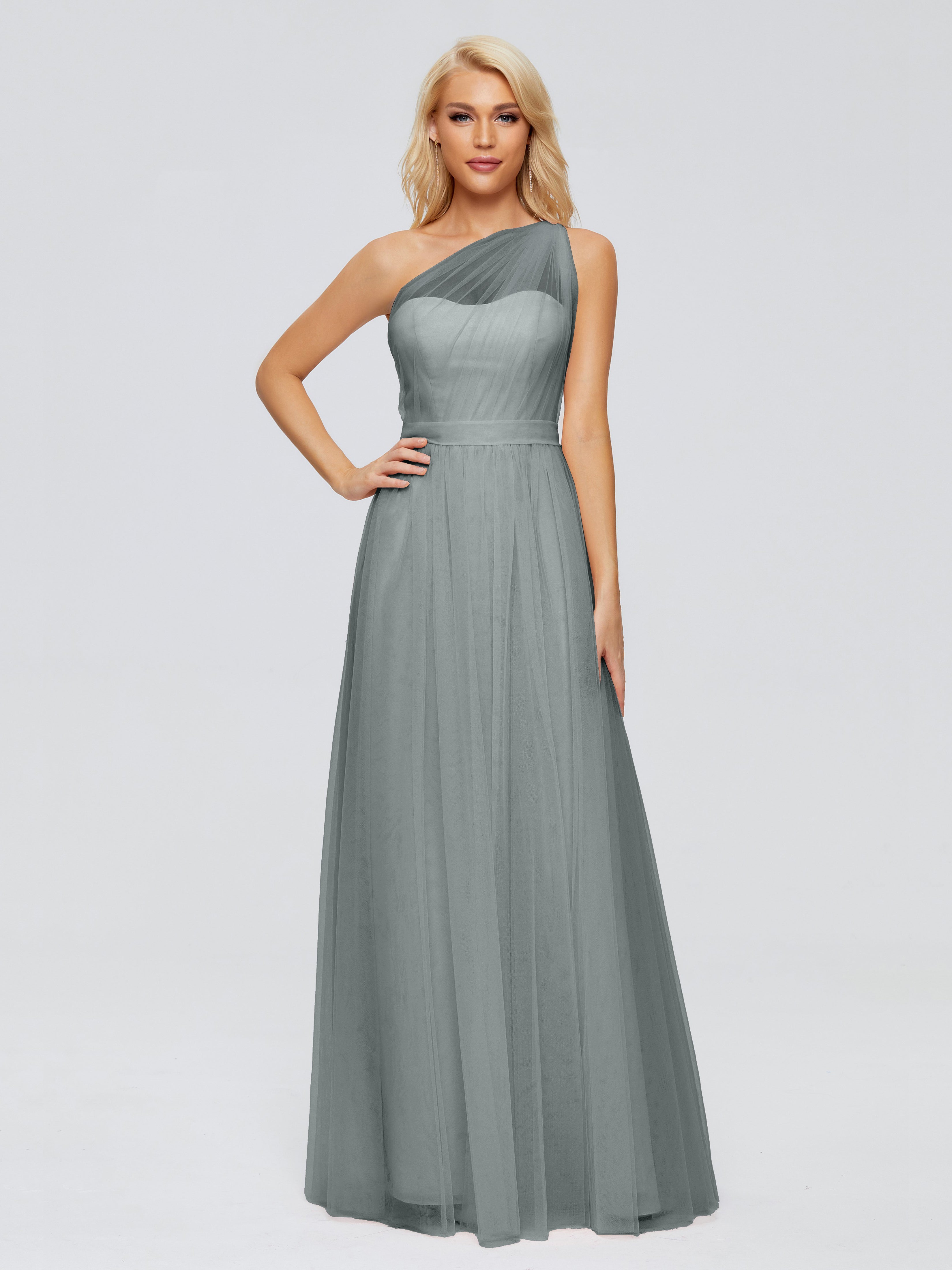 Robe Demoiselle D Honneur Gris Trapèze Seule-Épaule Ruban Mousseline Robes Demoiselle D'Honneur