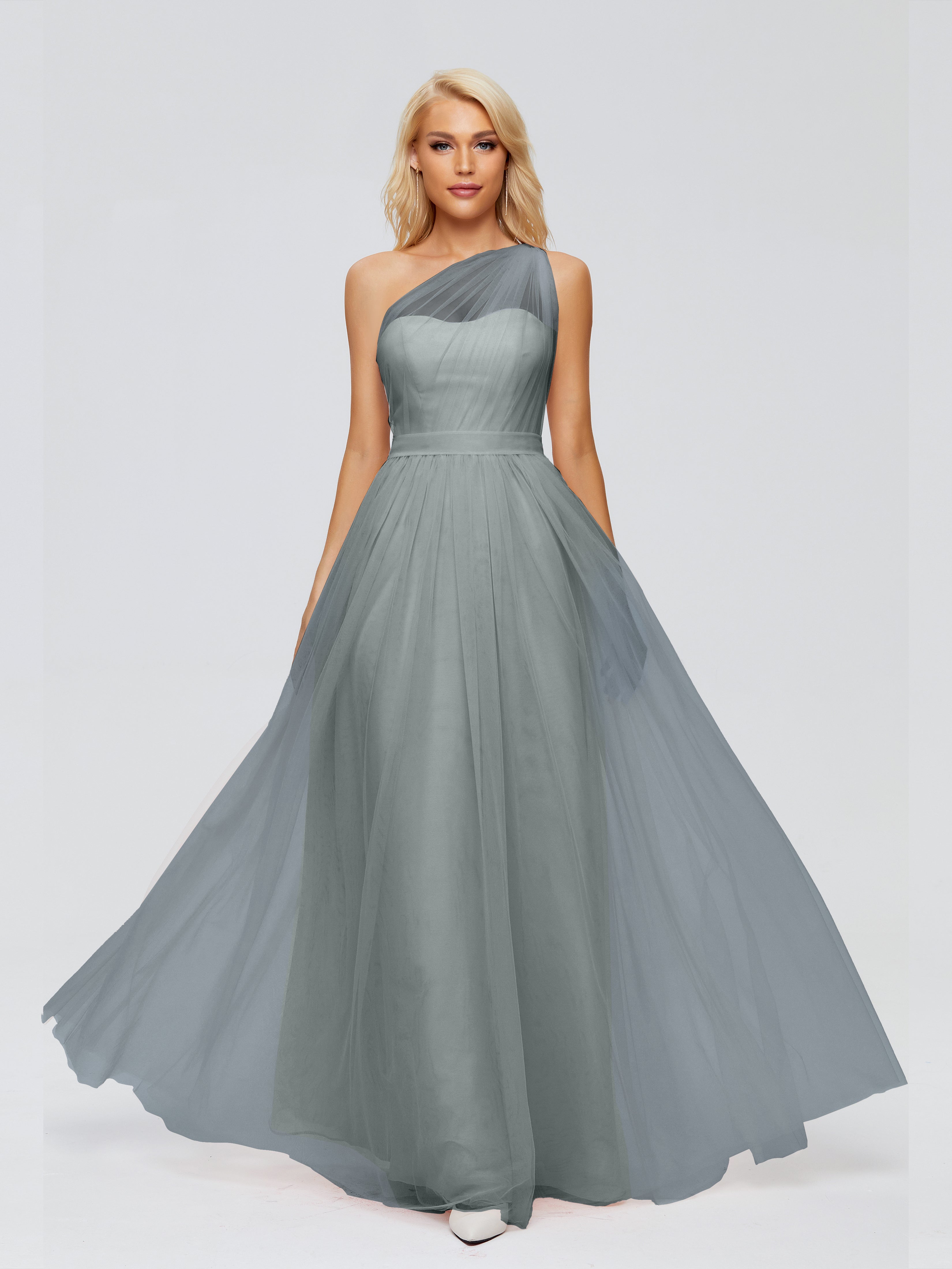 Robe Demoiselle D Honneur Gris Trapèze Seule-Épaule Ruban Mousseline Robes Demoiselle D'Honneur