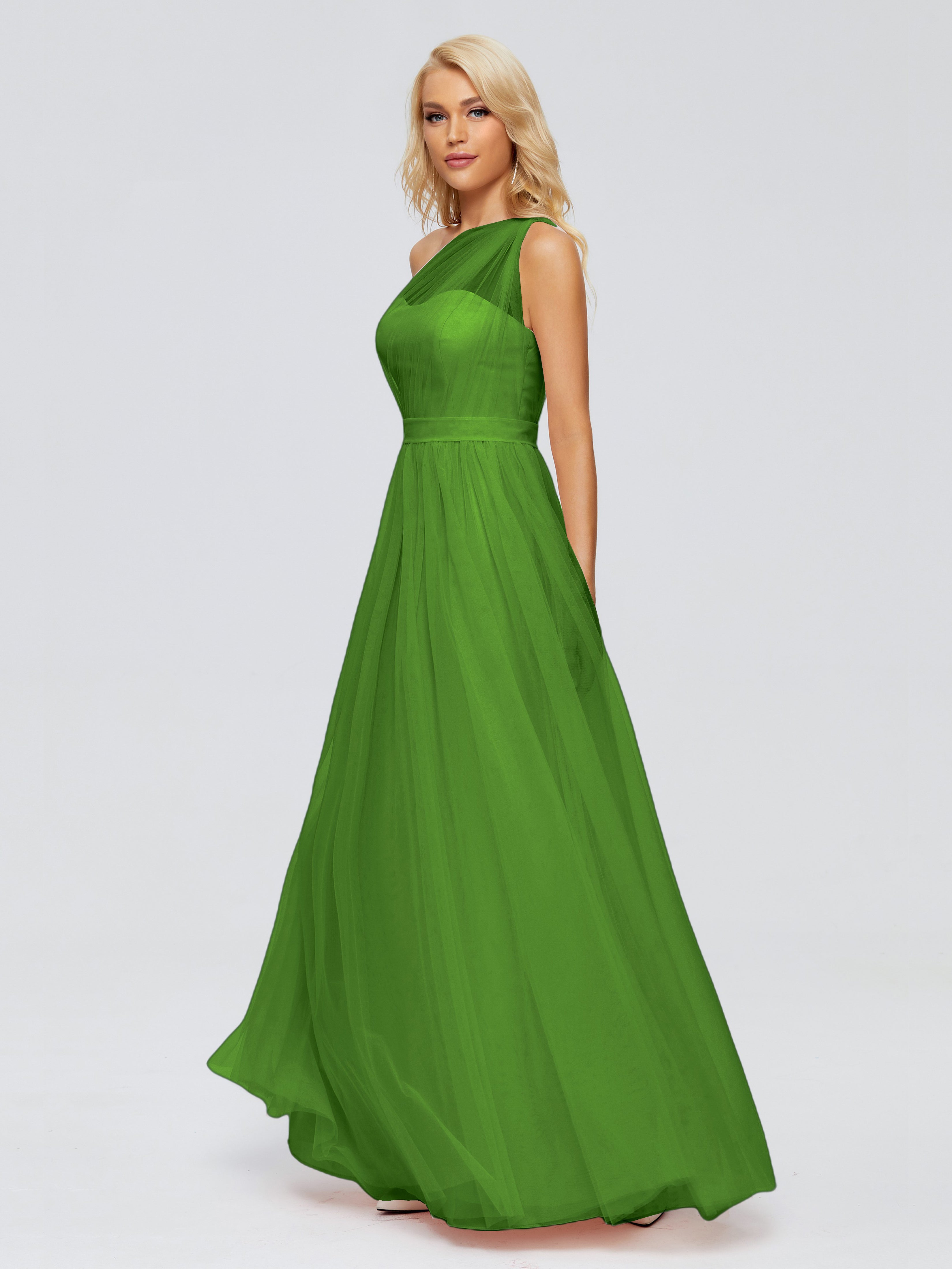 Robes De Demoiselle D'Honneur Vert Mousse A-ligne Seule-Épaule Ruban Mousseline Robes Demoiselle D'Honneur