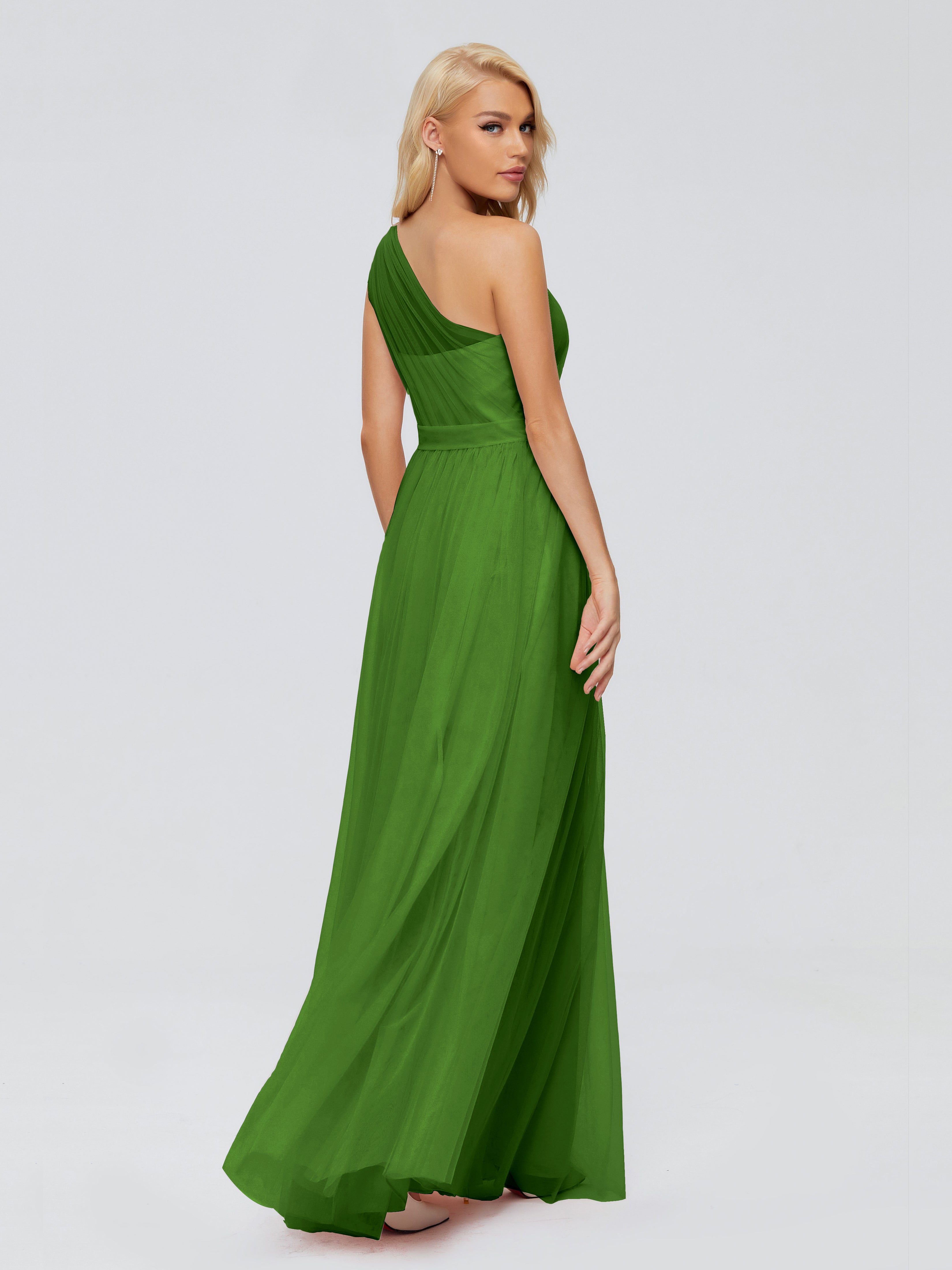 Robes De Demoiselle D'Honneur Vert Mousse A-ligne Seule-Épaule Ruban Mousseline Robes Demoiselle D'Honneur