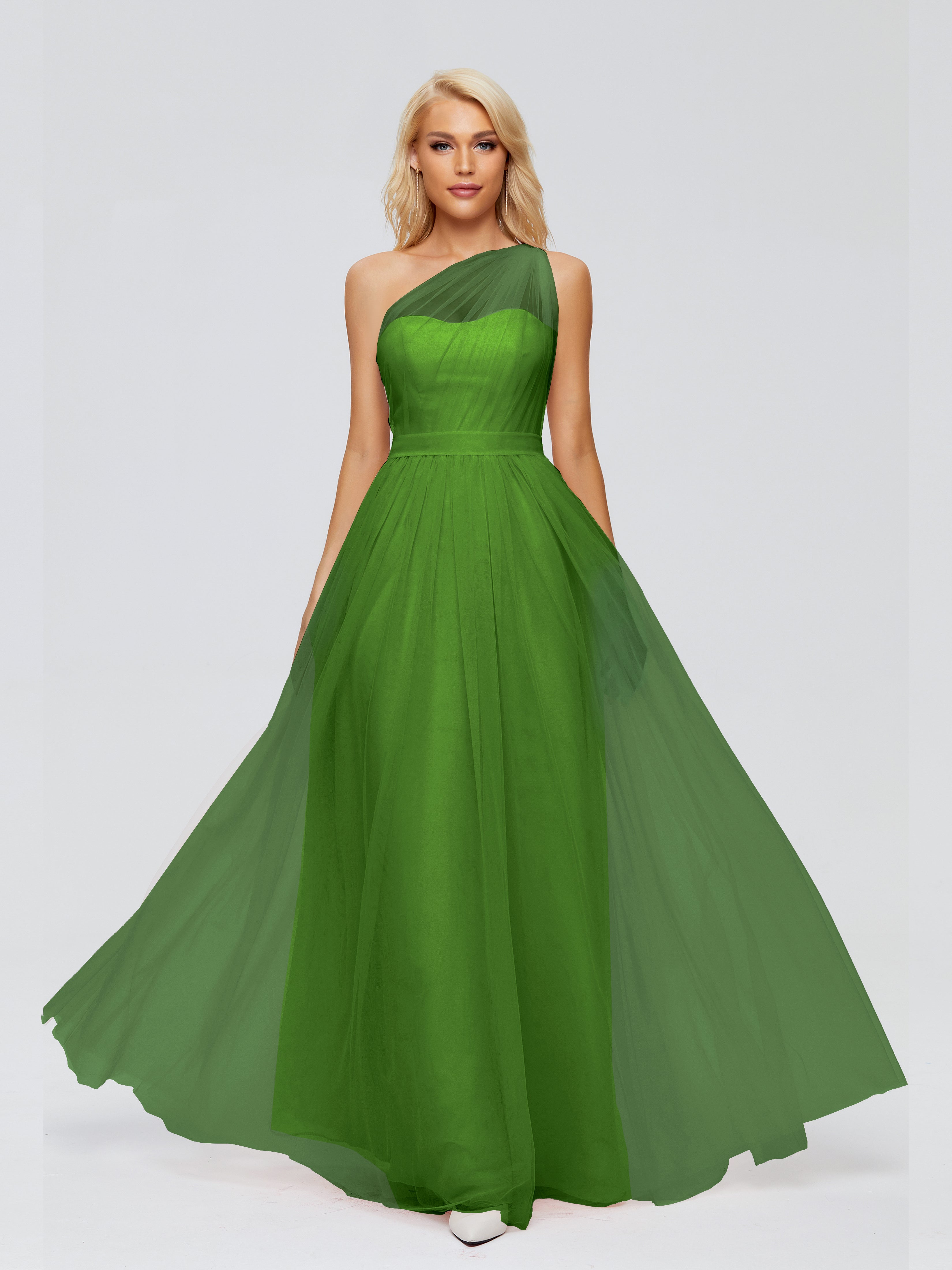 Robes De Demoiselle D'Honneur Vert Mousse A-ligne Seule-Épaule Ruban Mousseline Robes Demoiselle D'Honneur