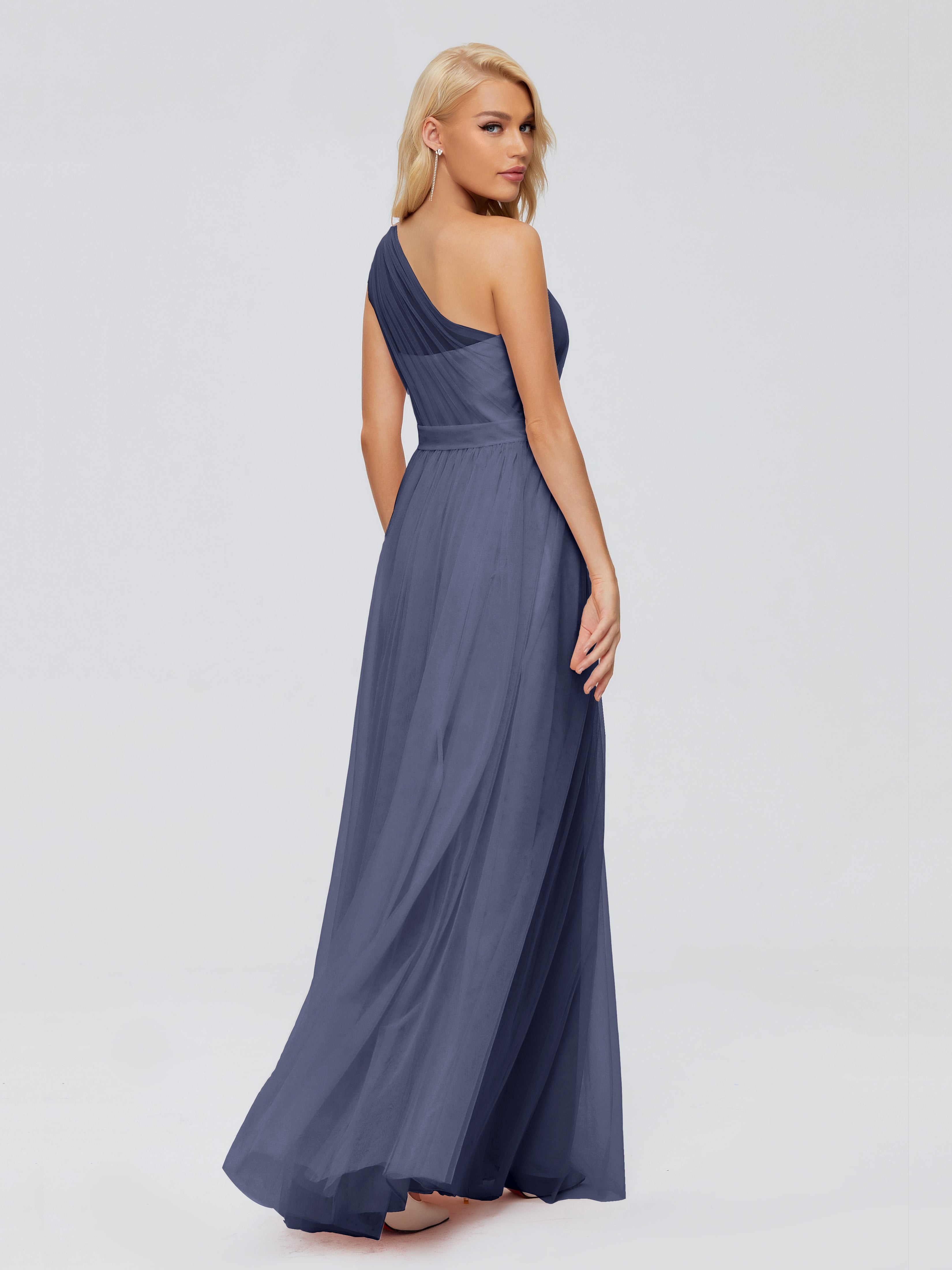 Robes De Demoiselle D'Honneur Bleu Orageux A-ligne Seule-Épaule Ruban Mousseline Robes Demoiselle D'Honneur