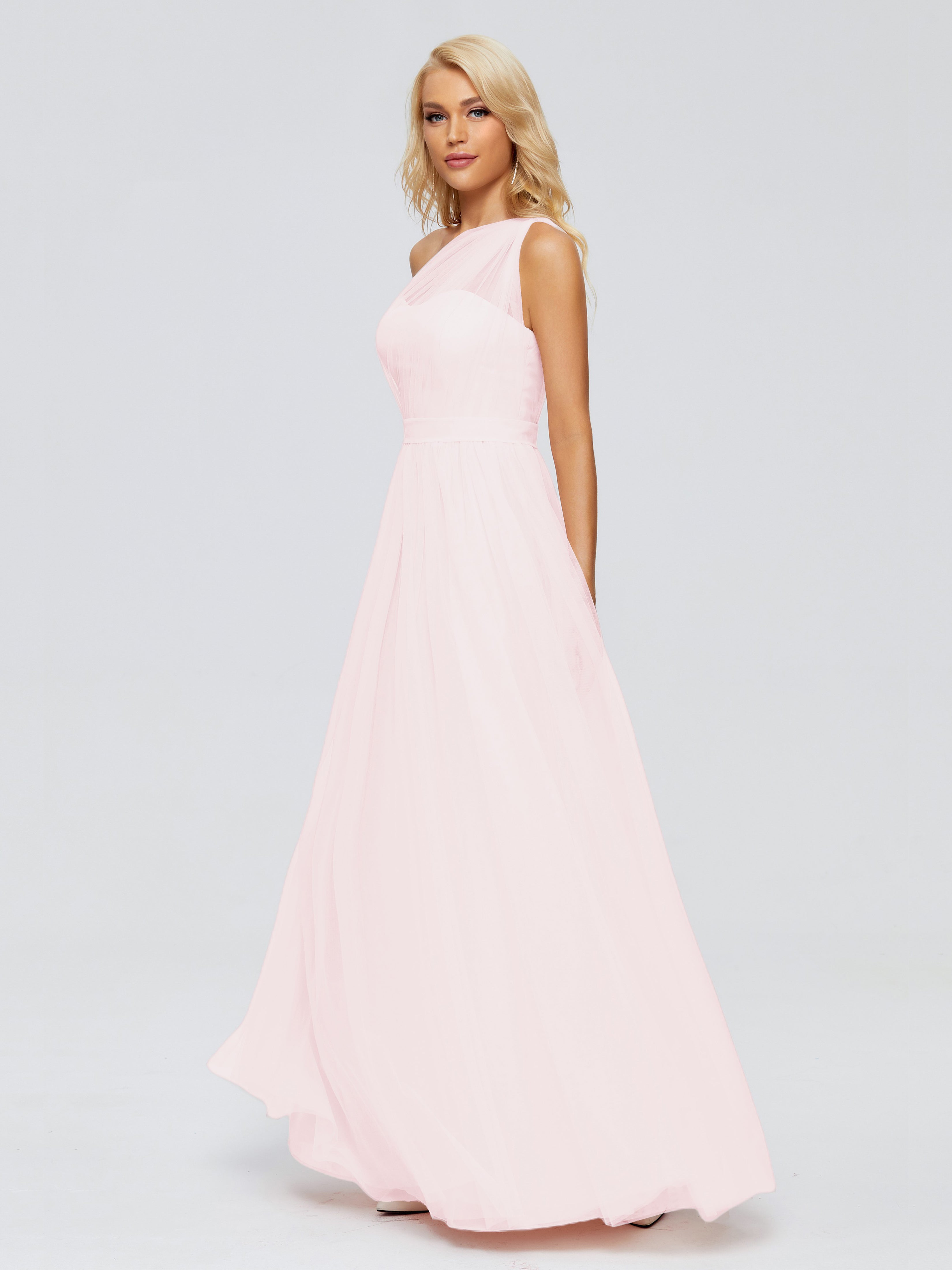 Robe Demoiselle D Honneur Rose Pale Trapèze Seule-Épaule Ruban Mousseline Robes Demoiselle D'Honneur