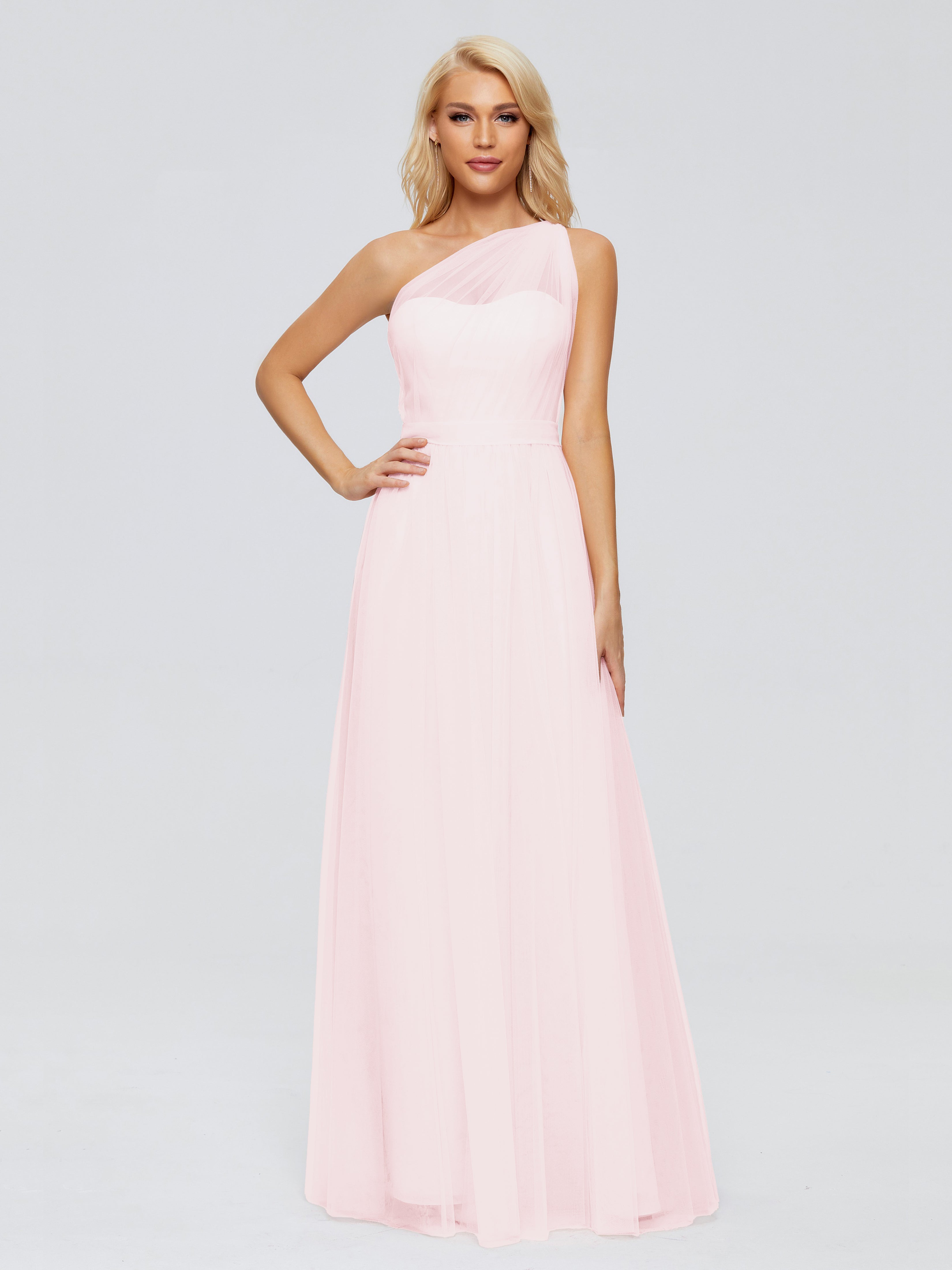 Robe Demoiselle D Honneur Rose Pale Trapèze Seule-Épaule Ruban Mousseline Robes Demoiselle D'Honneur