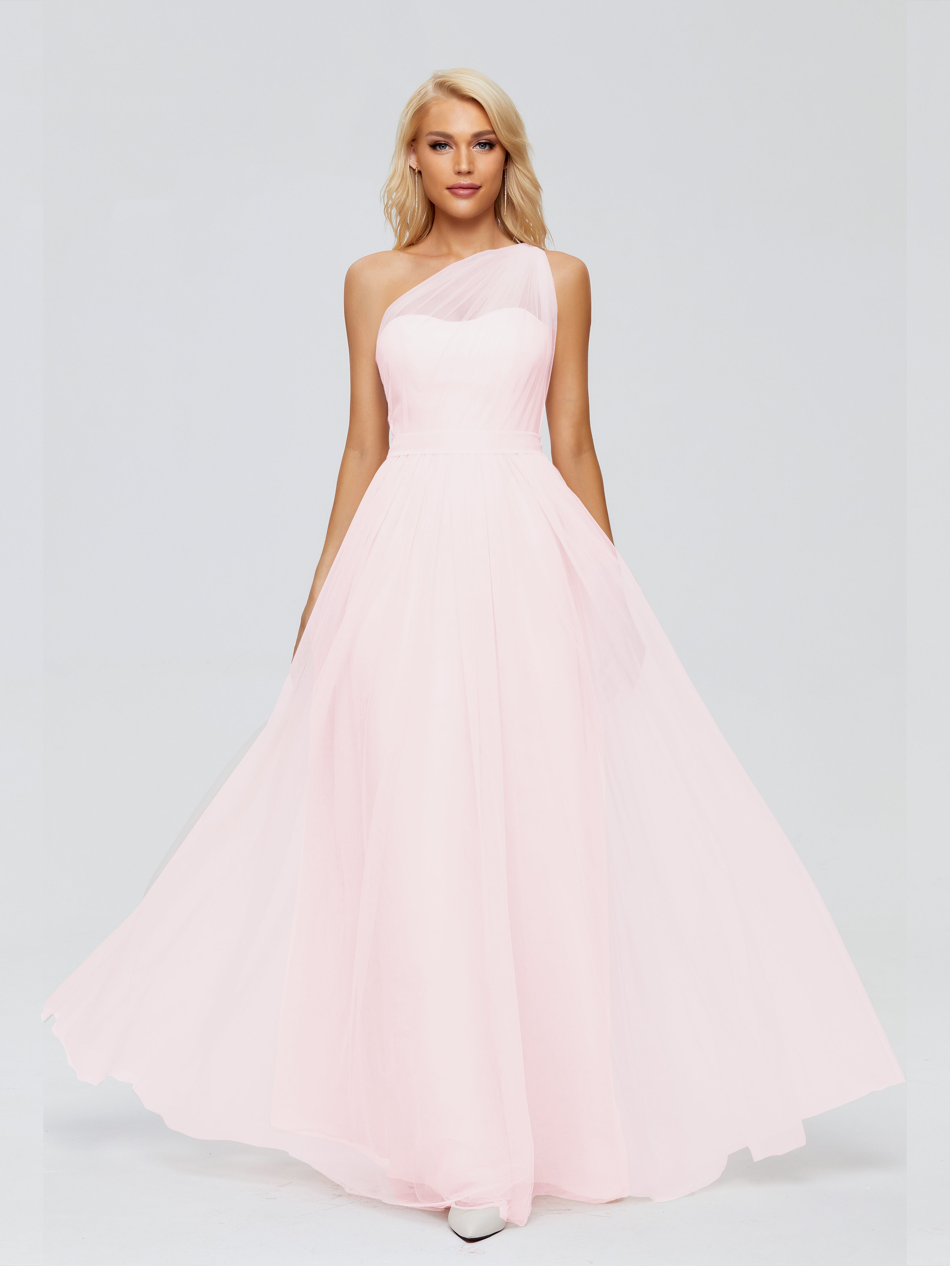 Robe Demoiselle D Honneur Rose Pale Trapèze Seule-Épaule Ruban Mousseline Robes Demoiselle D'Honneur