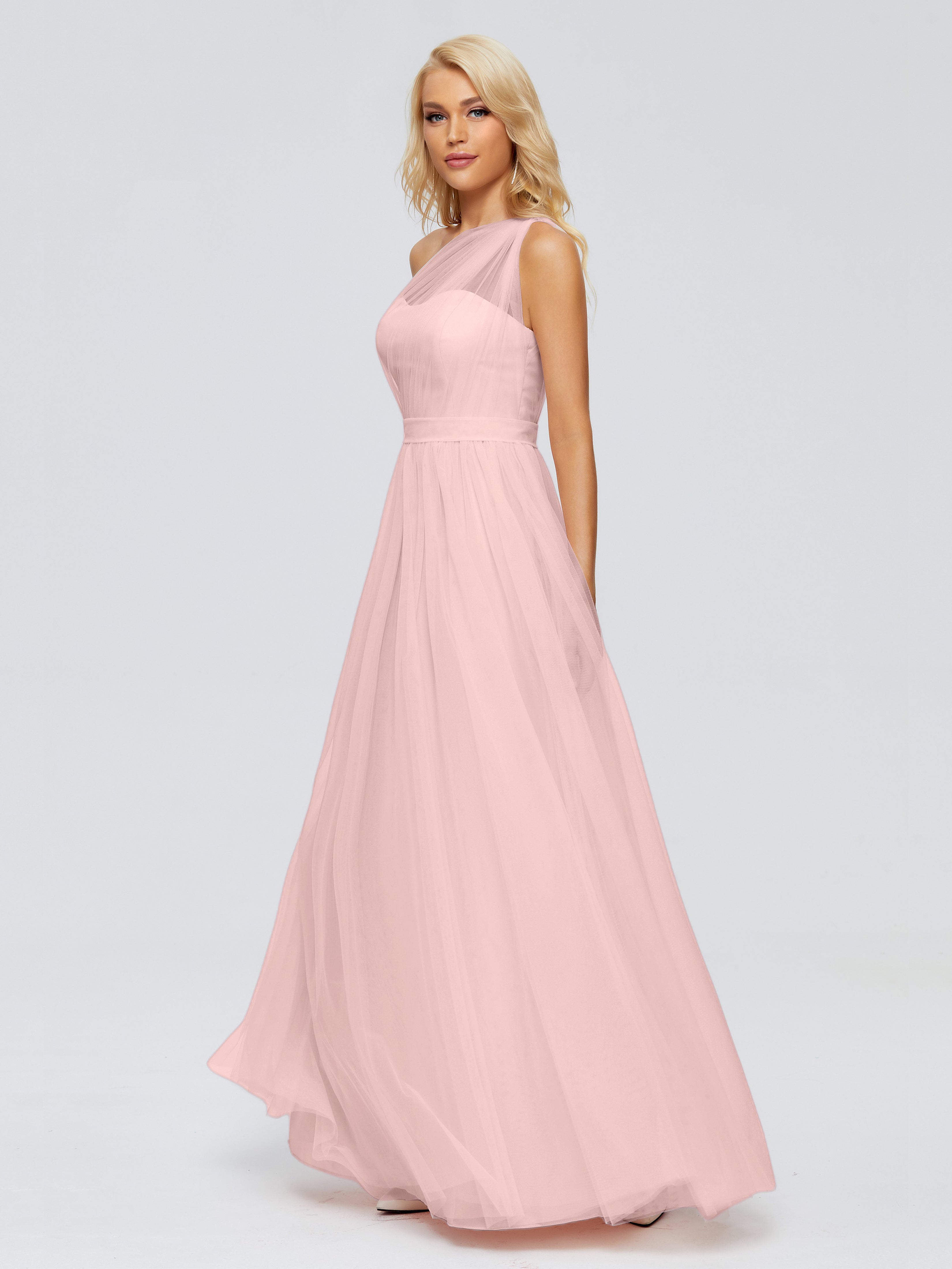 Robe Longue Demoiselle D Honneur Rose Poudré Trapèze Seule-Épaule Ruban Mousseline Robes Demoiselle D'Honneur