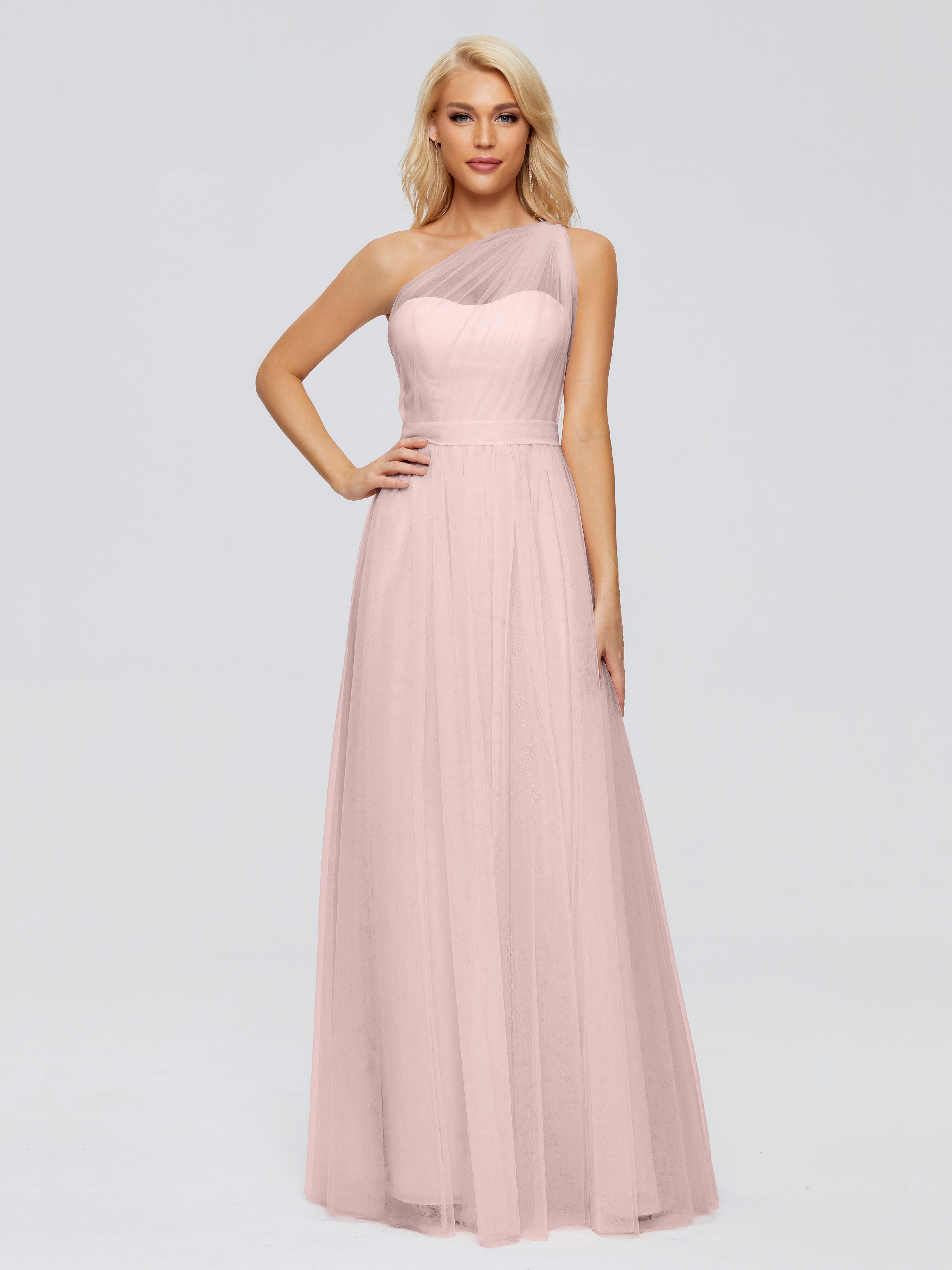 Robe Longue Demoiselle D Honneur Rose Poudré Trapèze Seule-Épaule Ruban Mousseline Robes Demoiselle D'Honneur