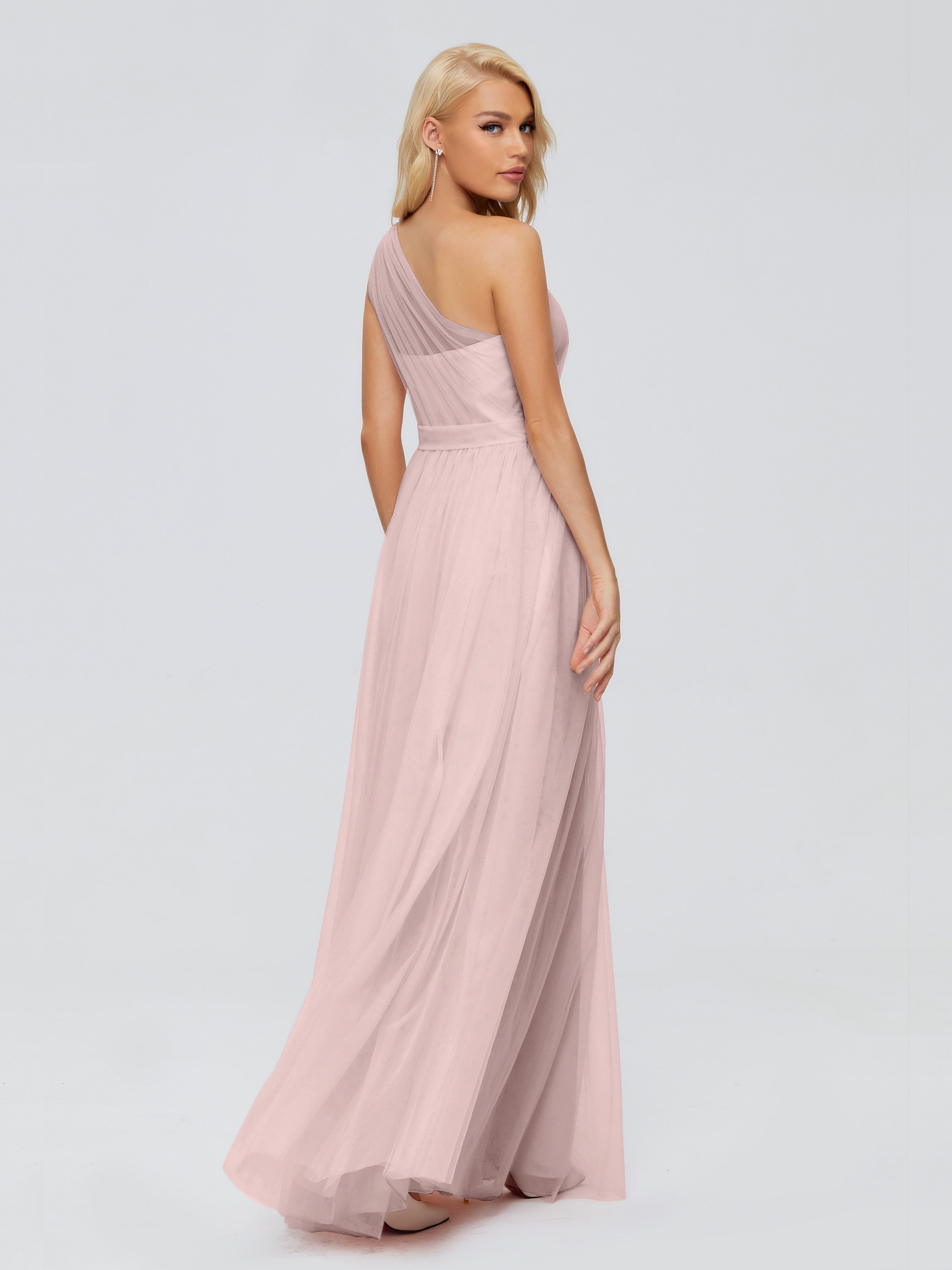 Robe Longue Demoiselle D Honneur Rose Poudré Trapèze Seule-Épaule Ruban Mousseline Robes Demoiselle D'Honneur