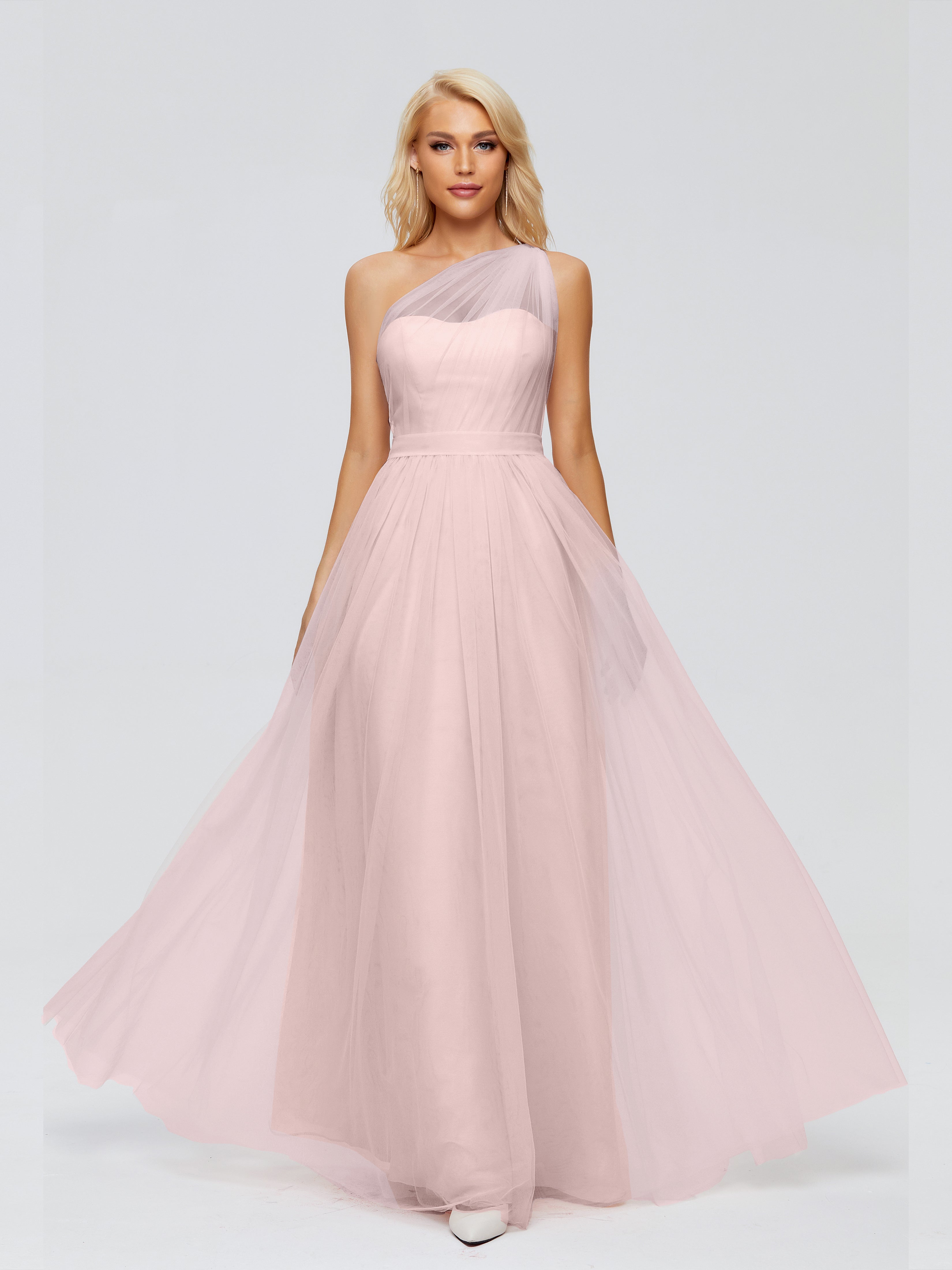 Robe Longue Demoiselle D Honneur Rose Poudré Trapèze Seule-Épaule Ruban Mousseline Robes Demoiselle D'Honneur