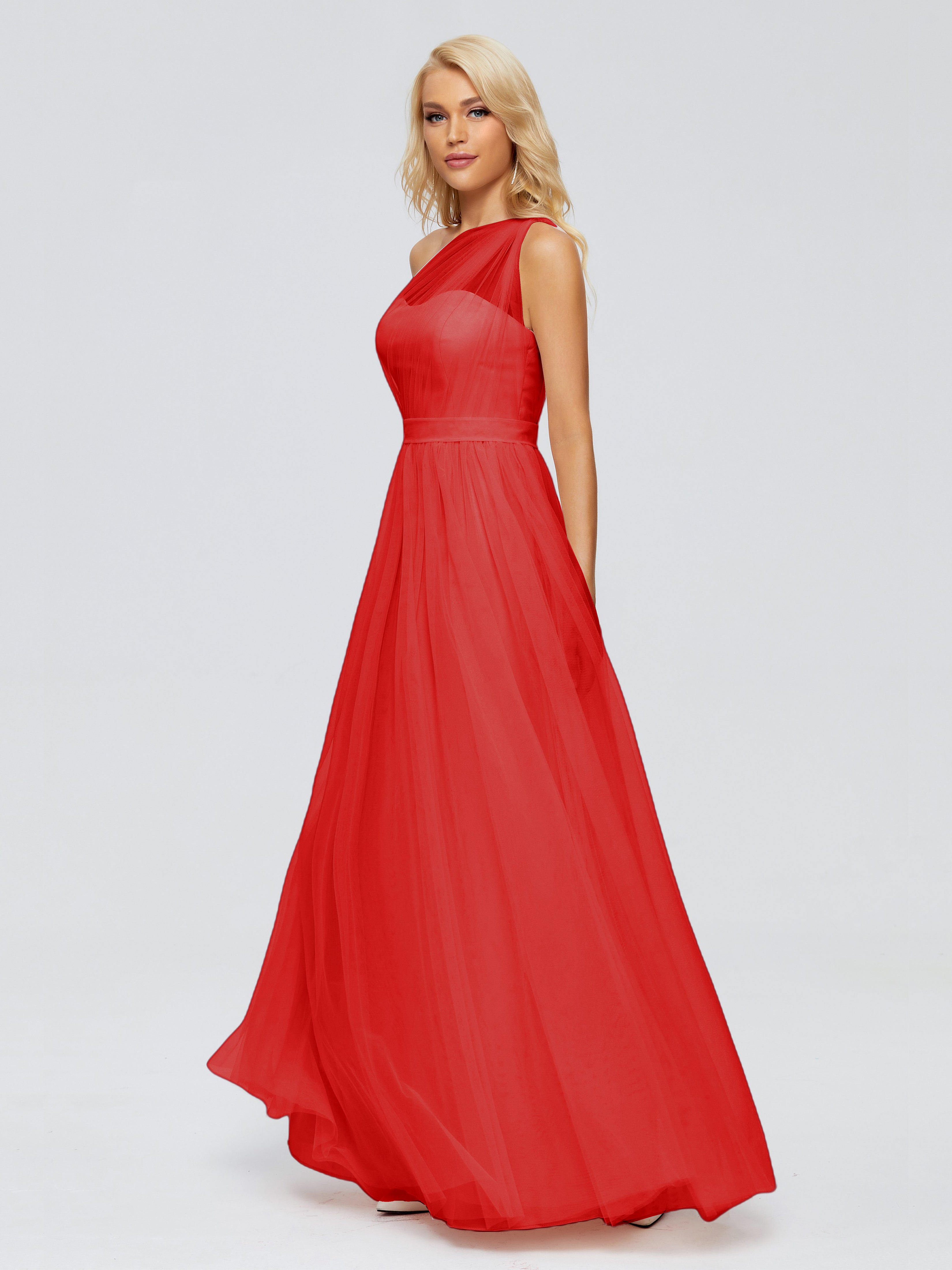 Robe Demoiselles D Honneur Rouge Trapèze Seule-Épaule Ruban Mousseline Robes Demoiselle D'Honneur