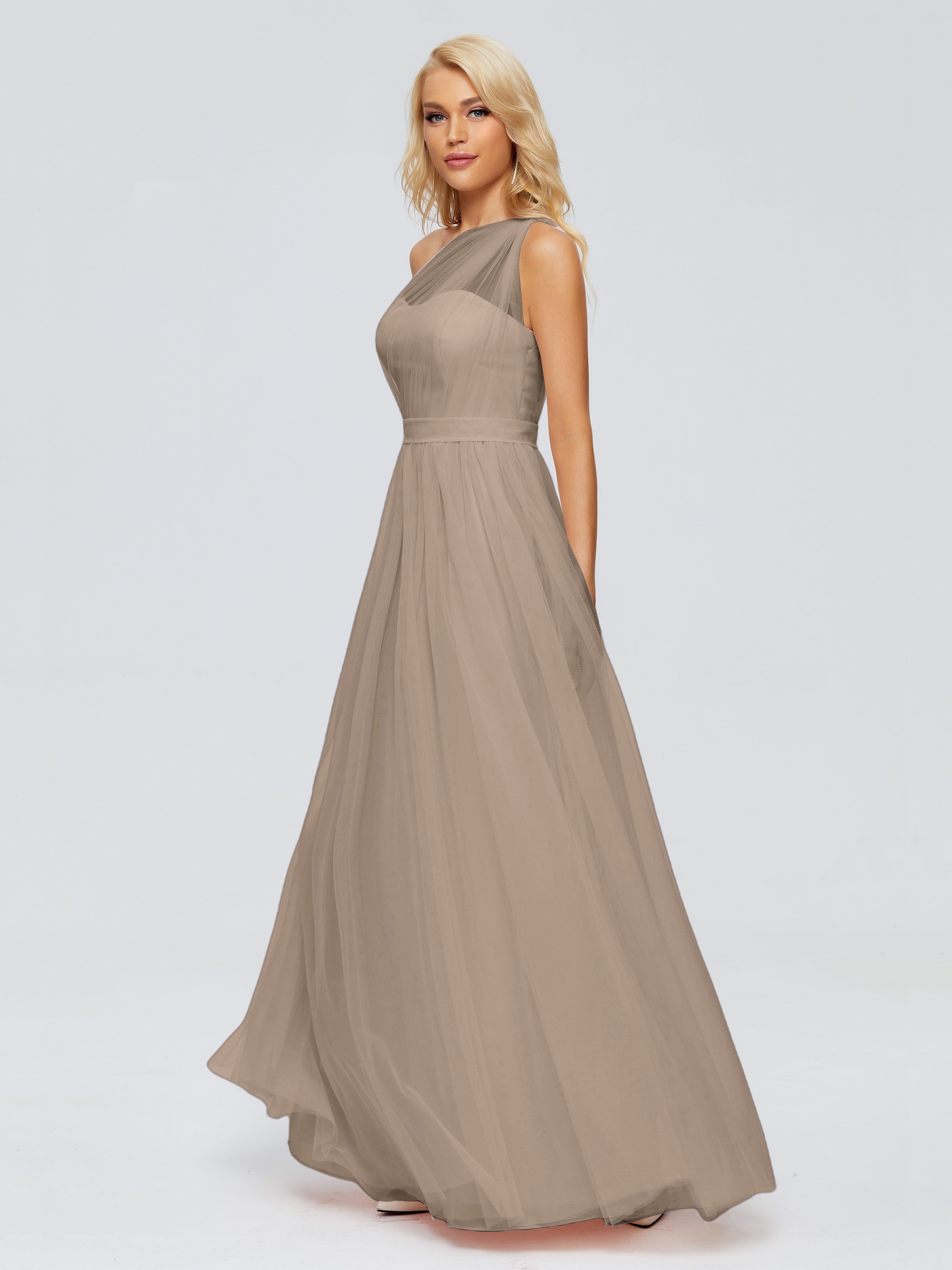 Robe Taupe Demoiselle D Honneur A-ligne Seule-Épaule Ruban Mousseline Robes Demoiselle D'Honneur