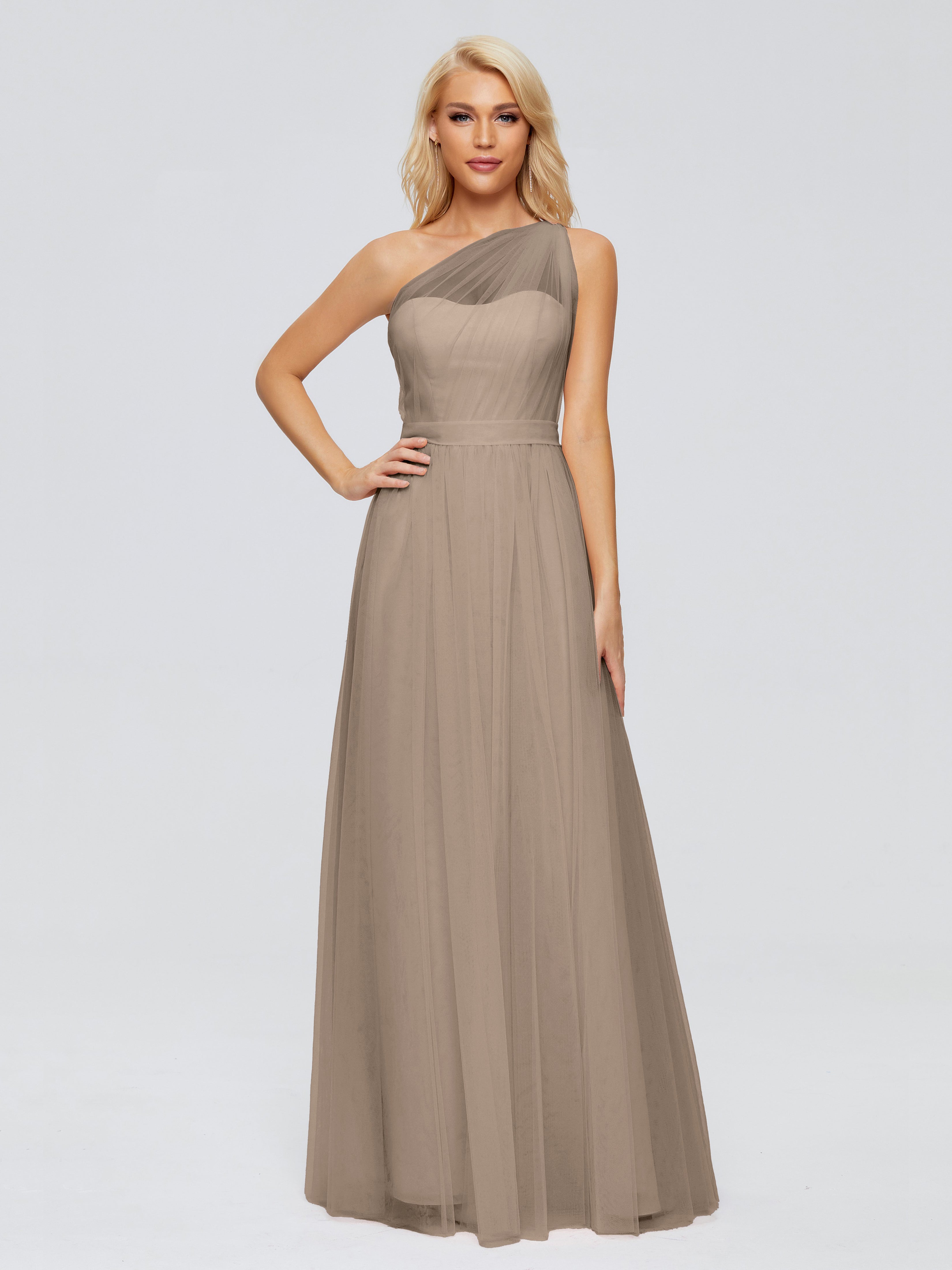 Robe Taupe Demoiselle D Honneur A-ligne Seule-Épaule Ruban Mousseline Robes Demoiselle D'Honneur