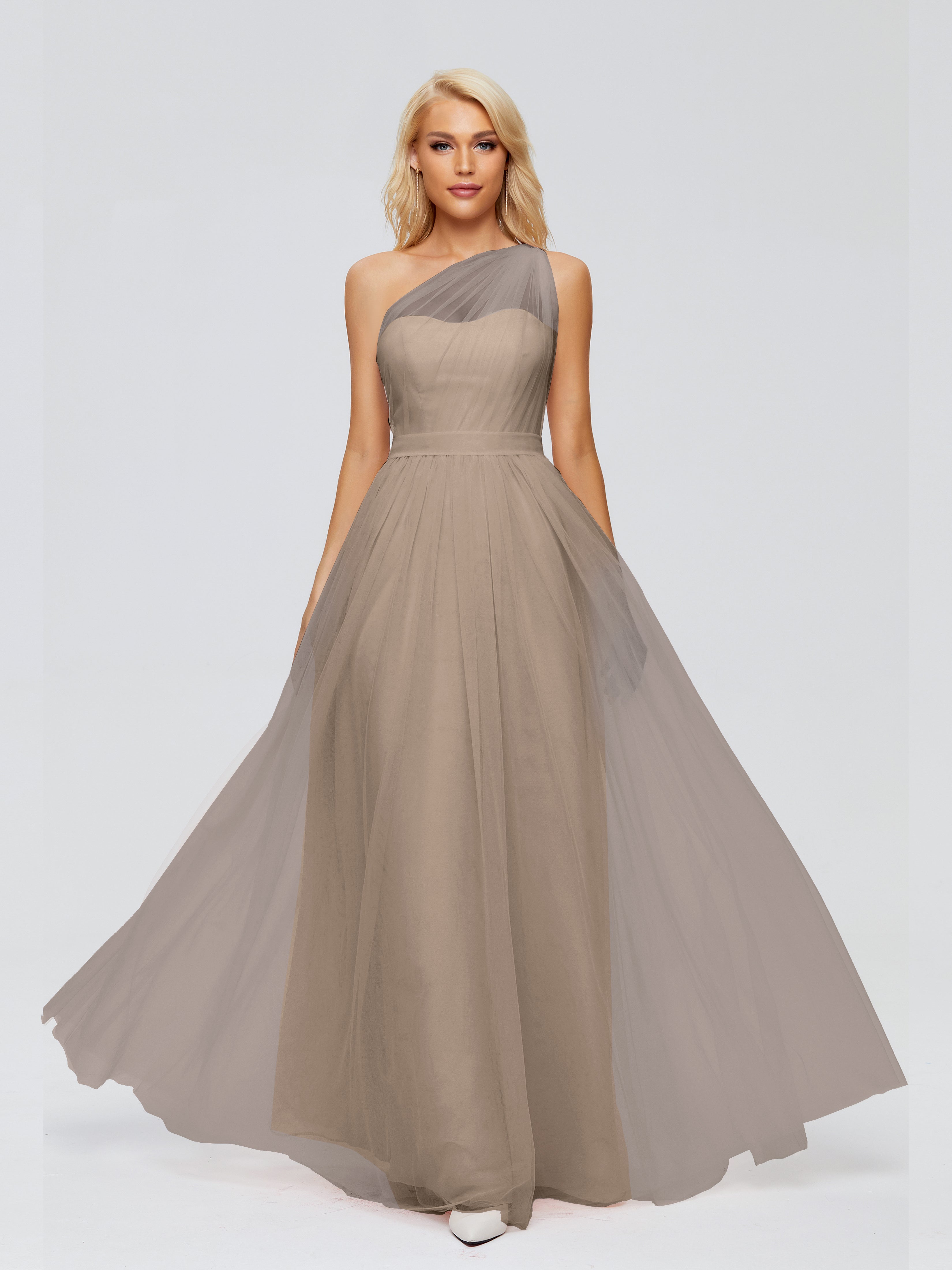 Robe Taupe Demoiselle D Honneur A-ligne Seule-Épaule Ruban Mousseline Robes Demoiselle D'Honneur