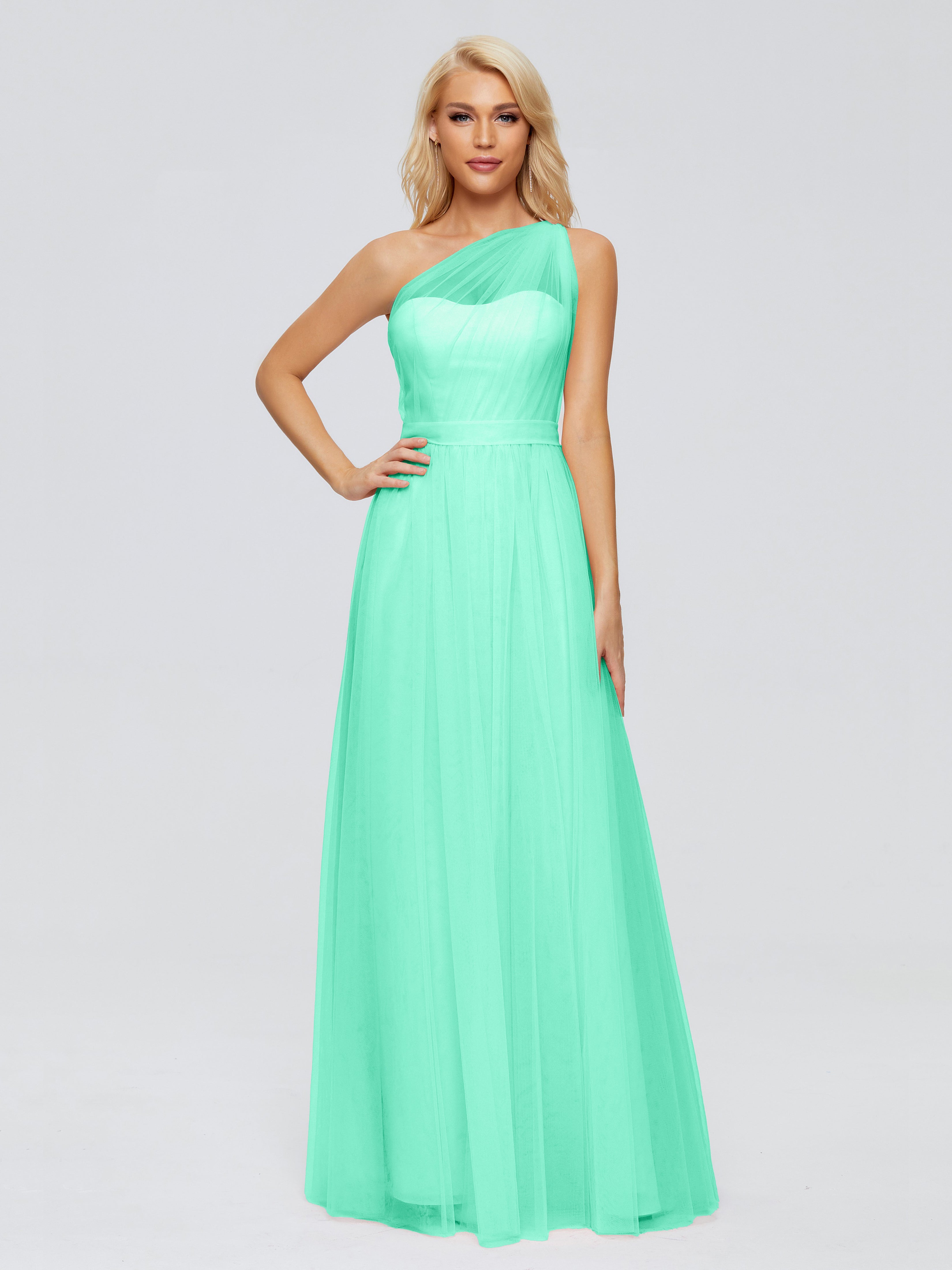 Robe Bleu Turquoise Demoiselle D Honneur Trapèze Seule-Épaule Ruban Mousseline Robes Demoiselle D'Honneur