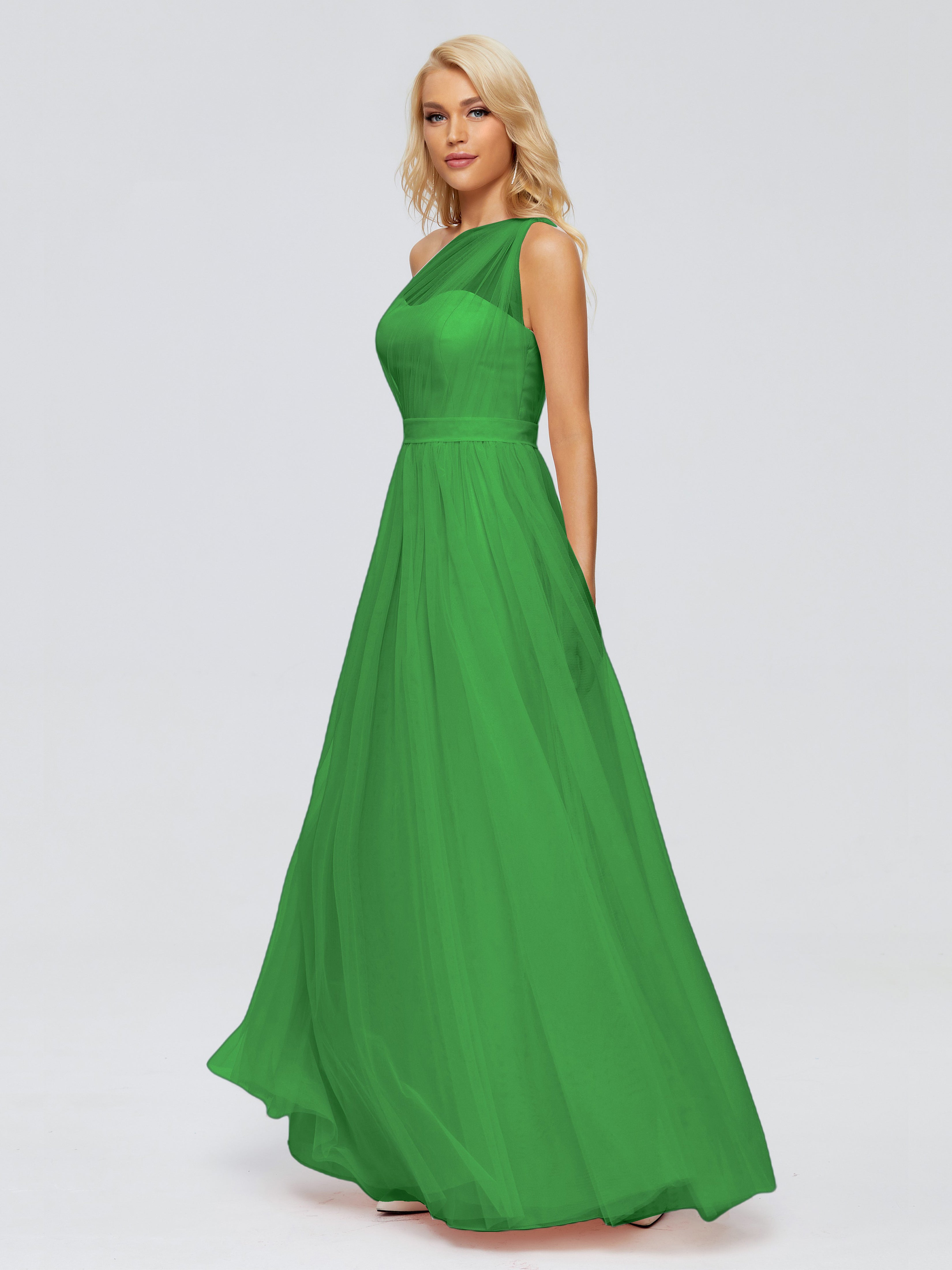 Robes De Demoiselle D'Honneur Vert Forêt Trapèze Seule-Épaule Ruban Mousseline Robes Demoiselle D'Honneur