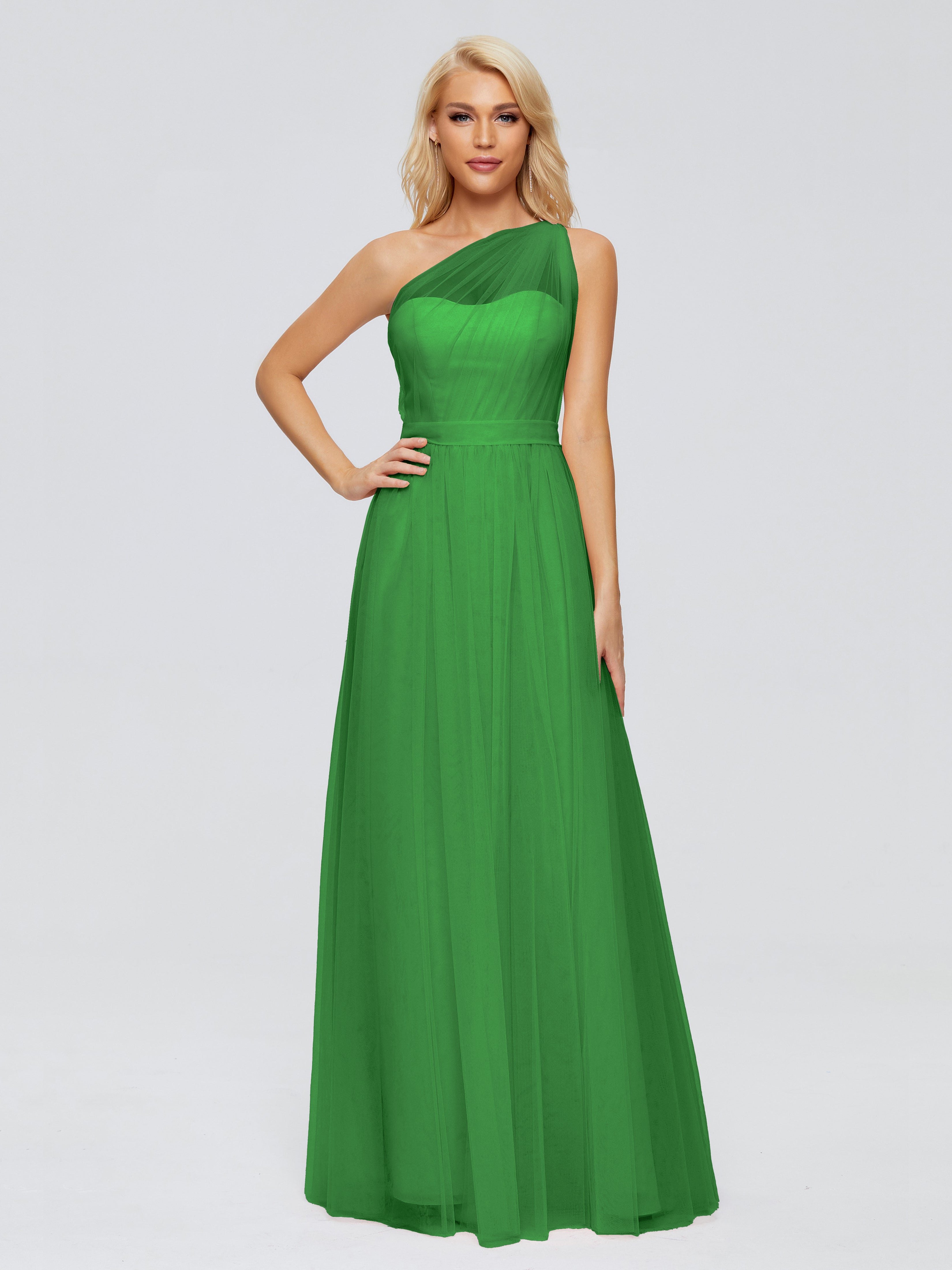Robes De Demoiselle D'Honneur Vert Forêt Trapèze Seule-Épaule Ruban Mousseline Robes Demoiselle D'Honneur