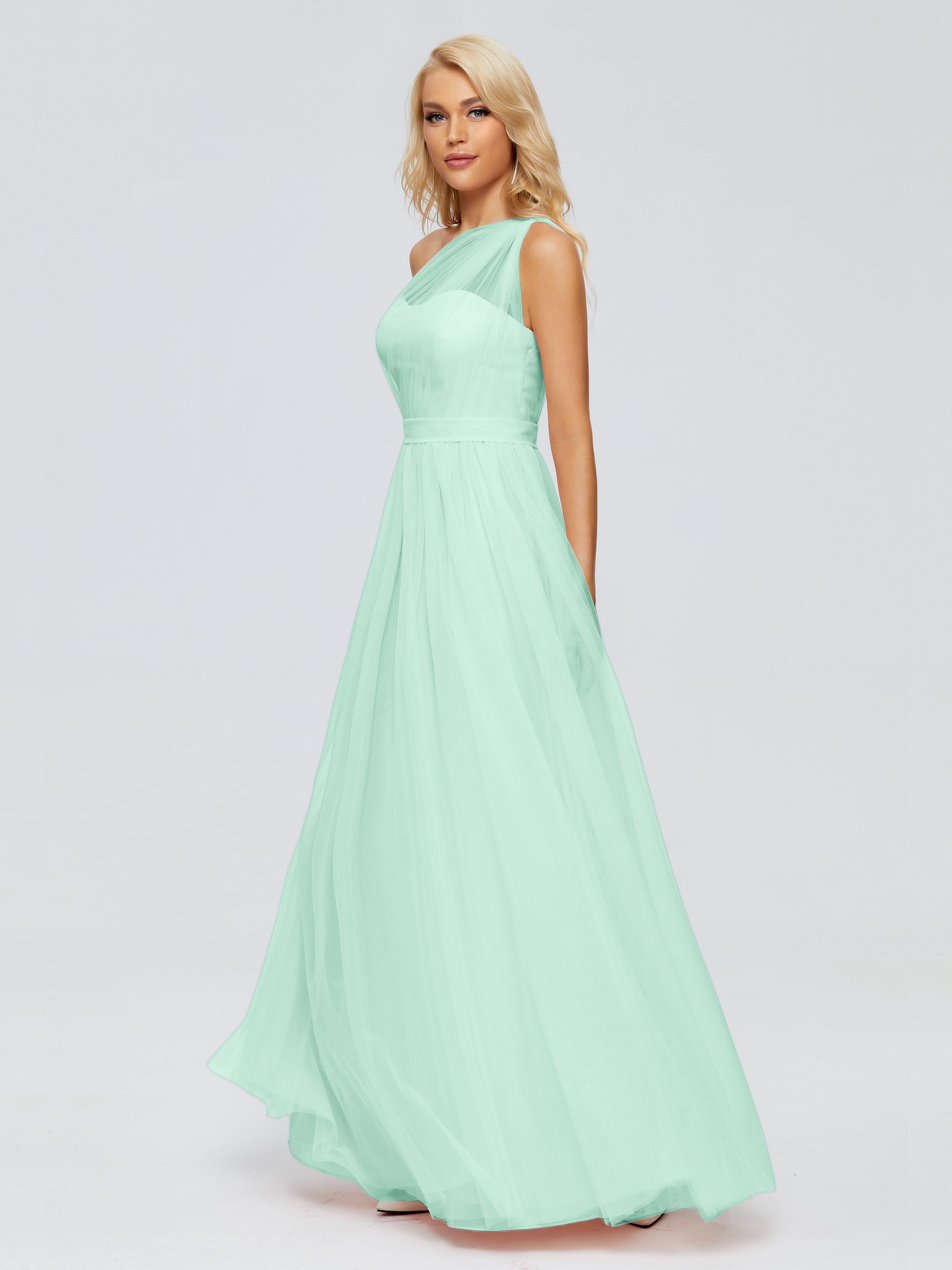Robe Vert Menthe Demoiselle D Honneur A-ligne Seule-Épaule Ruban Mousseline Robes Demoiselle D'Honneur