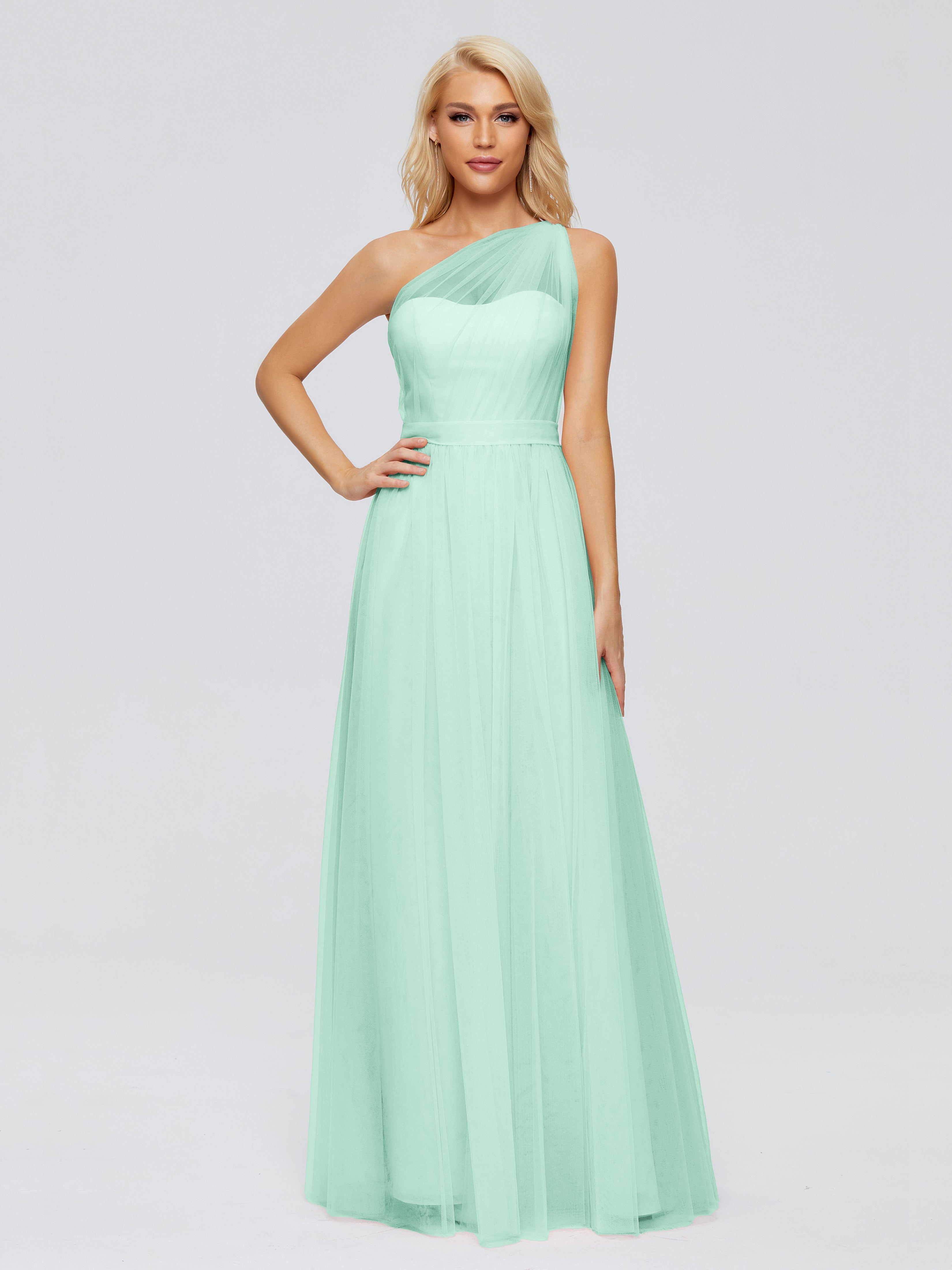 Robe Vert Menthe Demoiselle D Honneur A-ligne Seule-Épaule Ruban Mousseline Robes Demoiselle D'Honneur