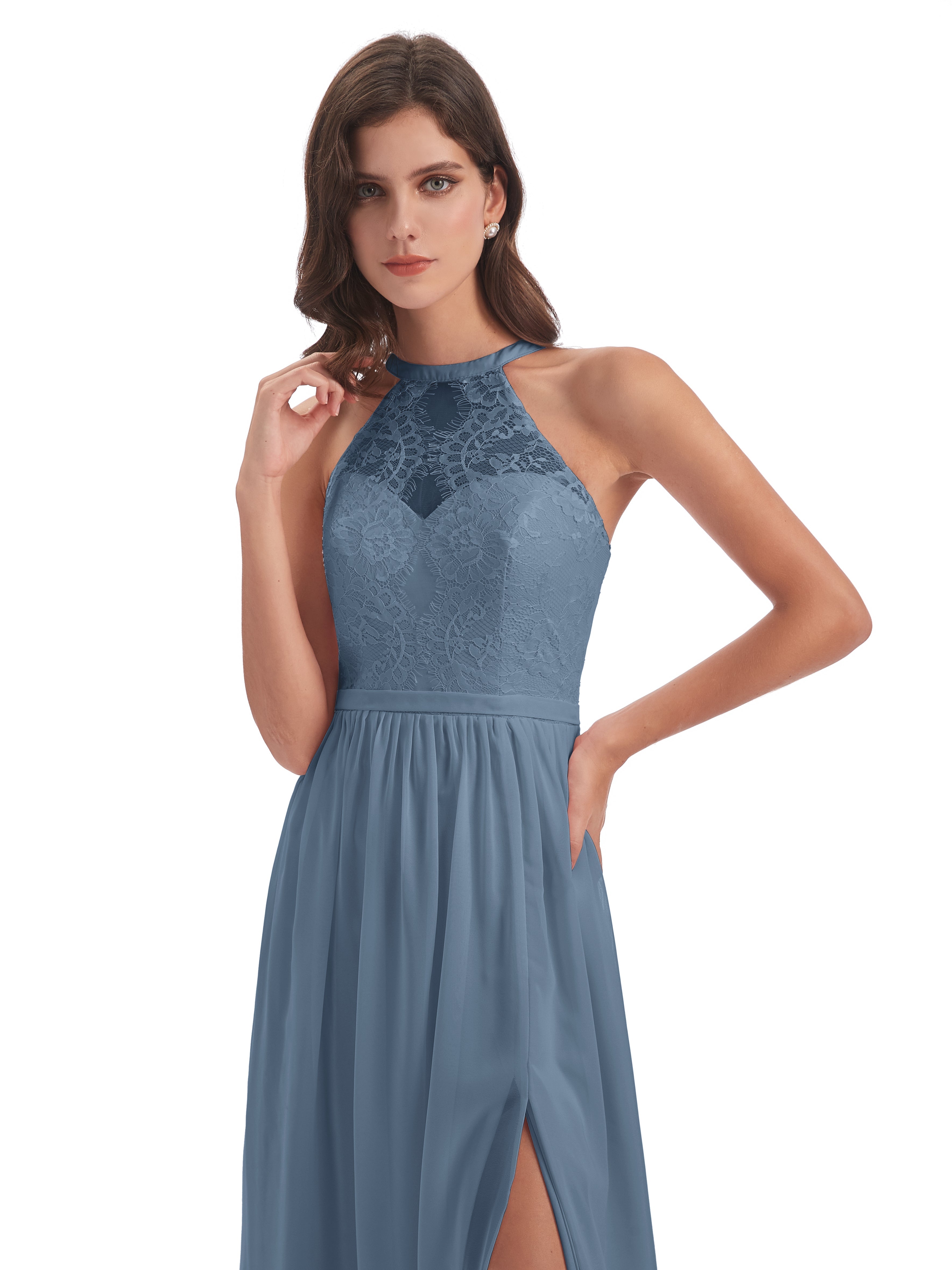 Robes De Demoiselle D'Honneur Bleu De Schiste Fendue Devant Licou Dentelle/Mousseline Robes Demoiselle D'Honneur