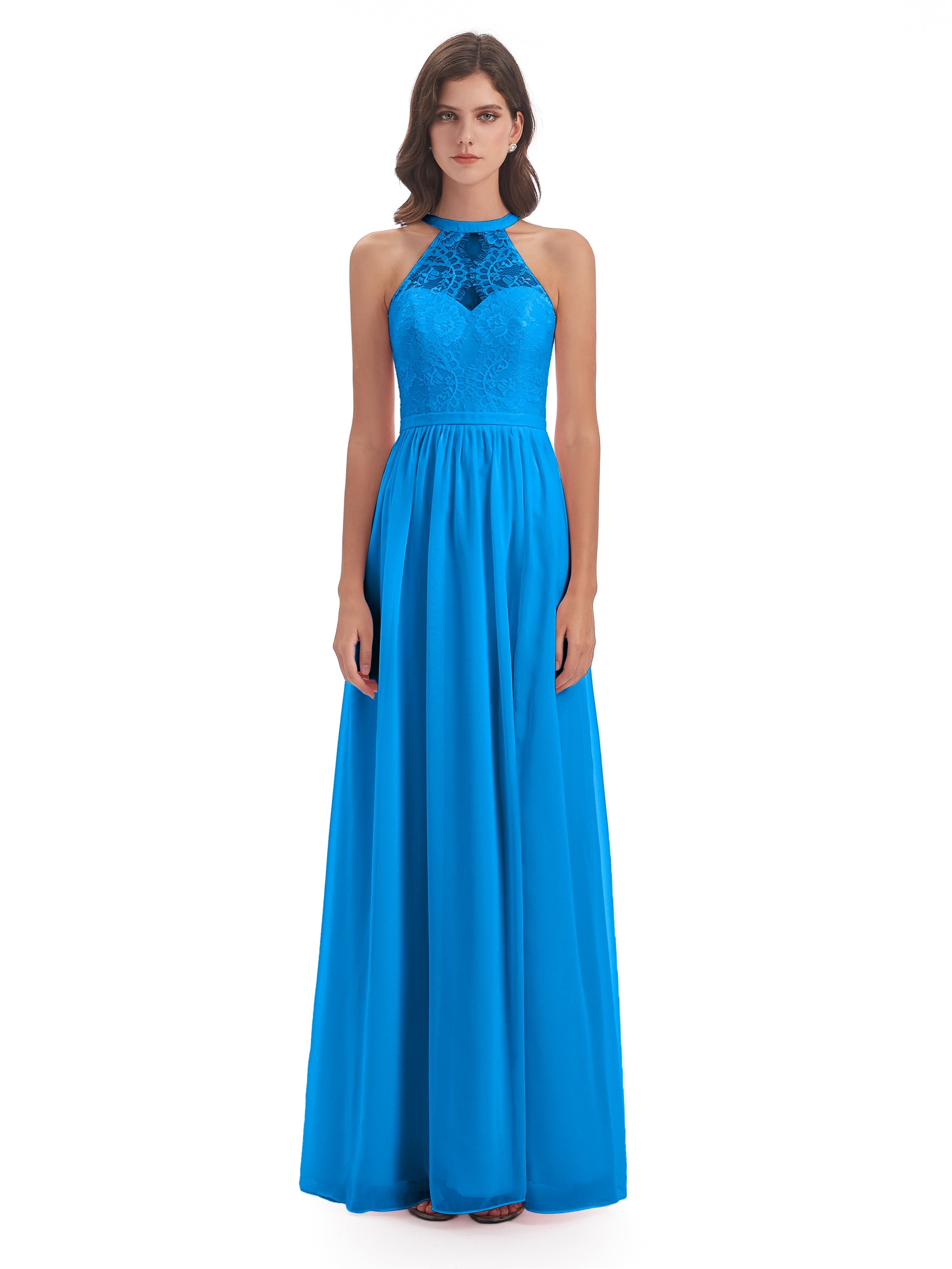 Robes De Demoiselle D'Honneur Bleu Océan Fendue Devant Licou Dentelle/Mousseline Robes Demoiselle D'Honneur