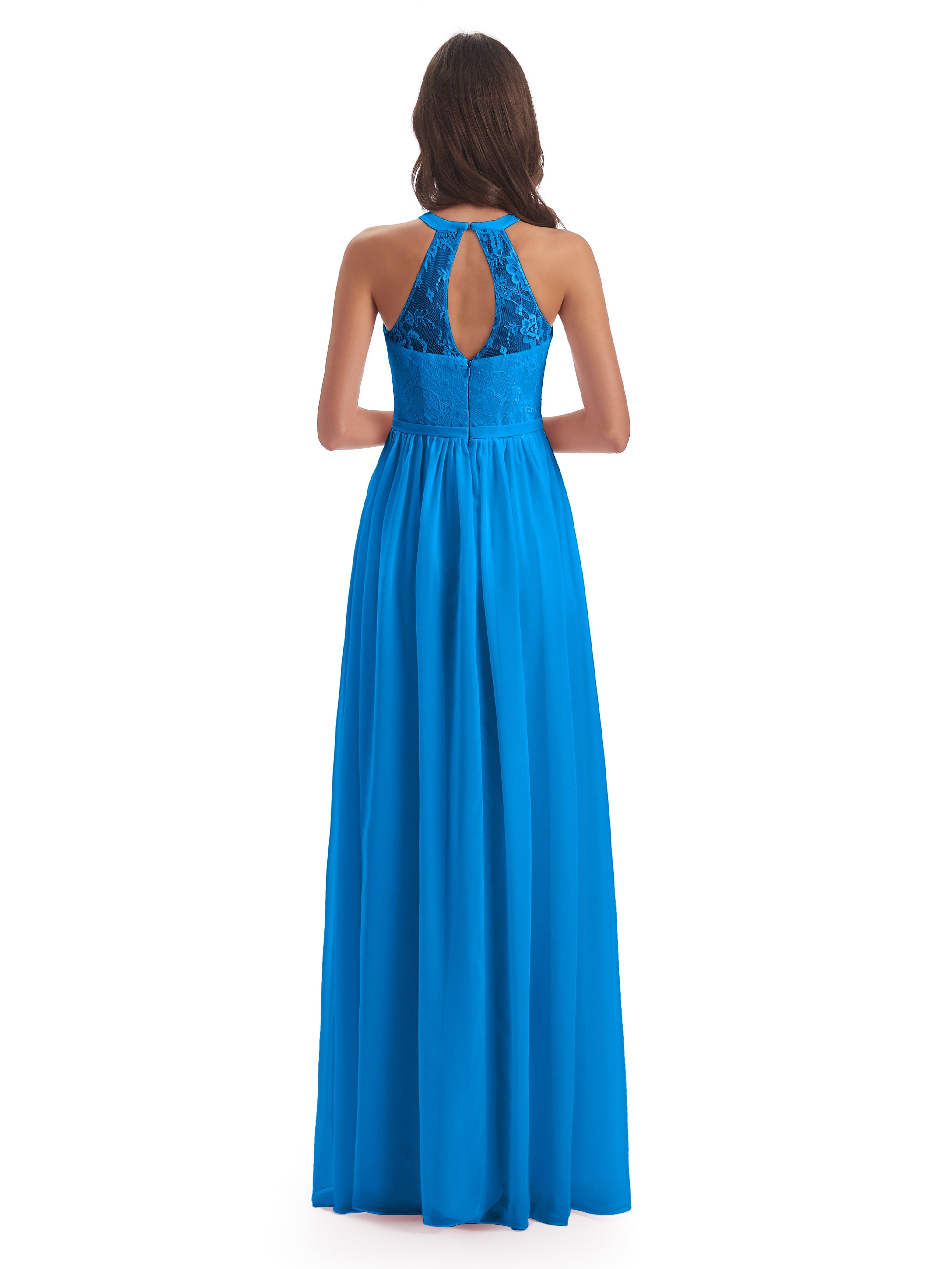 Robes De Demoiselle D'Honneur Bleu Océan Fendue Devant Licou Dentelle/Mousseline Robes Demoiselle D'Honneur