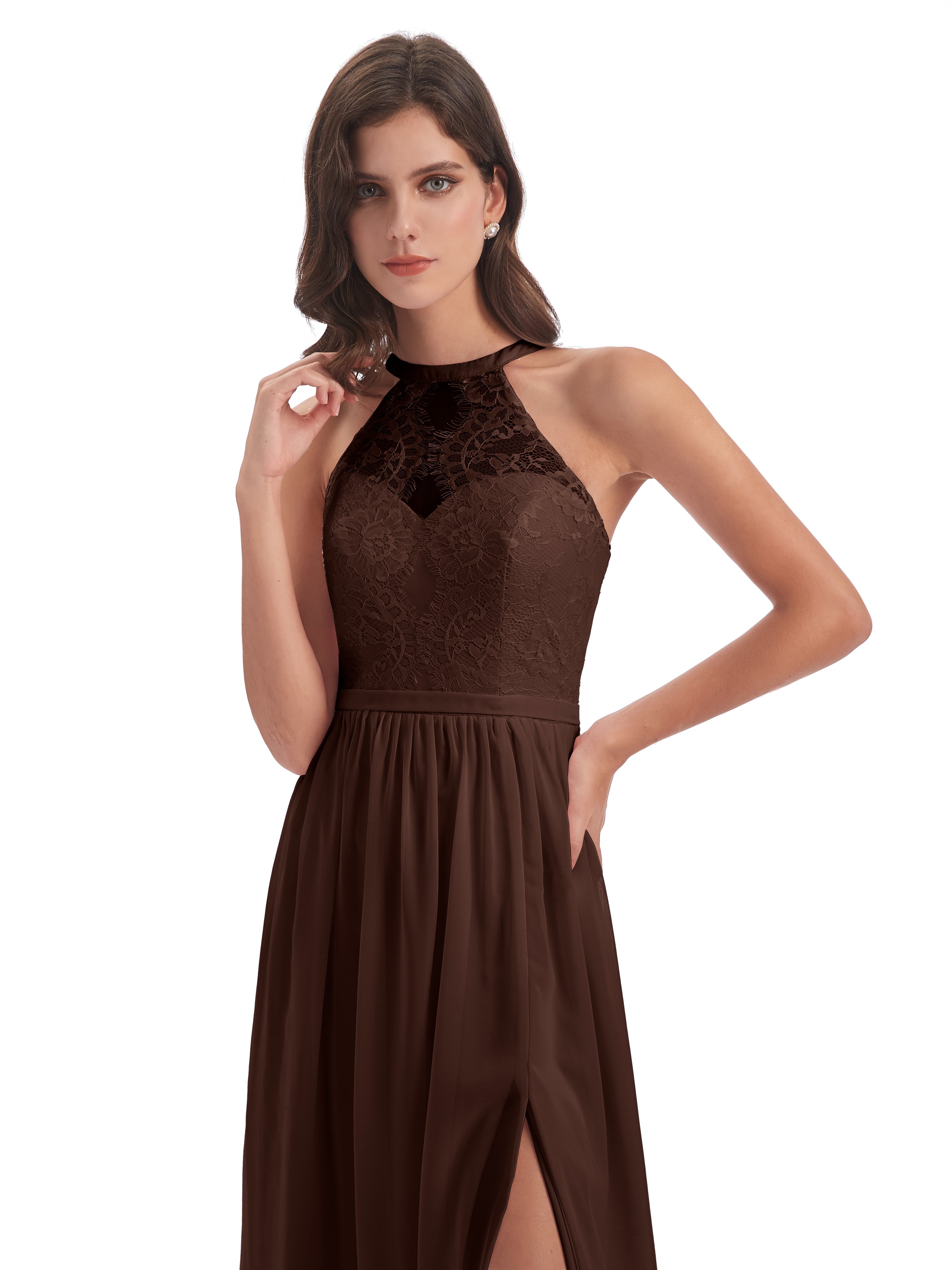 Robe Chocolat Demoiselle D Honneur Fendue Devant Licou Dentelle/Mousseline Robes Demoiselle D'Honneur