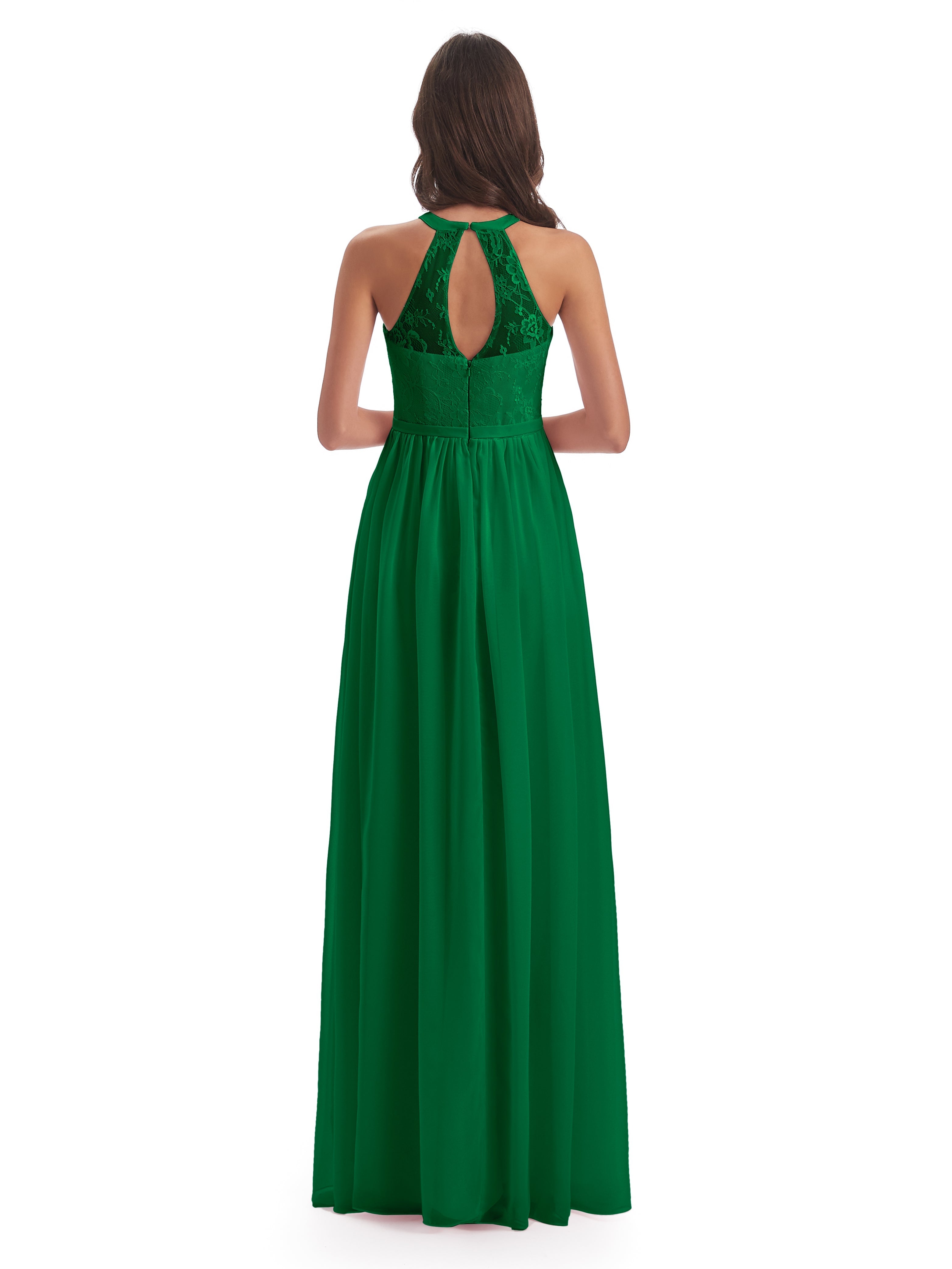 Robes De Demoiselle D'Honneur Émeraude Fendue Devant Licou Dentelle/Mousseline Robes Demoiselle D'Honneur