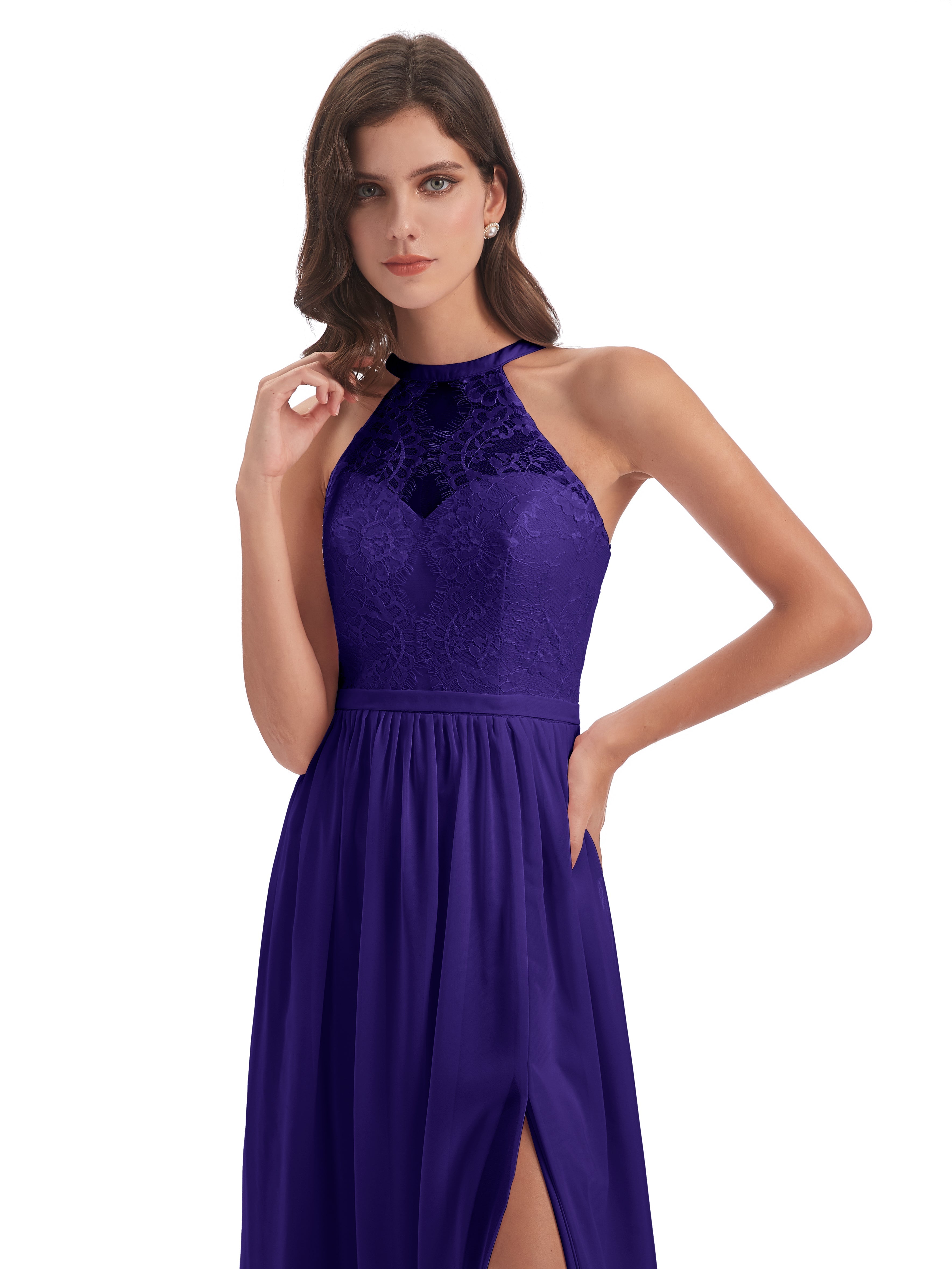 Robes De Demoiselle D'Honneur En Régence Fendue Devant Licou Dentelle/Mousseline Robes Demoiselle D'Honneur