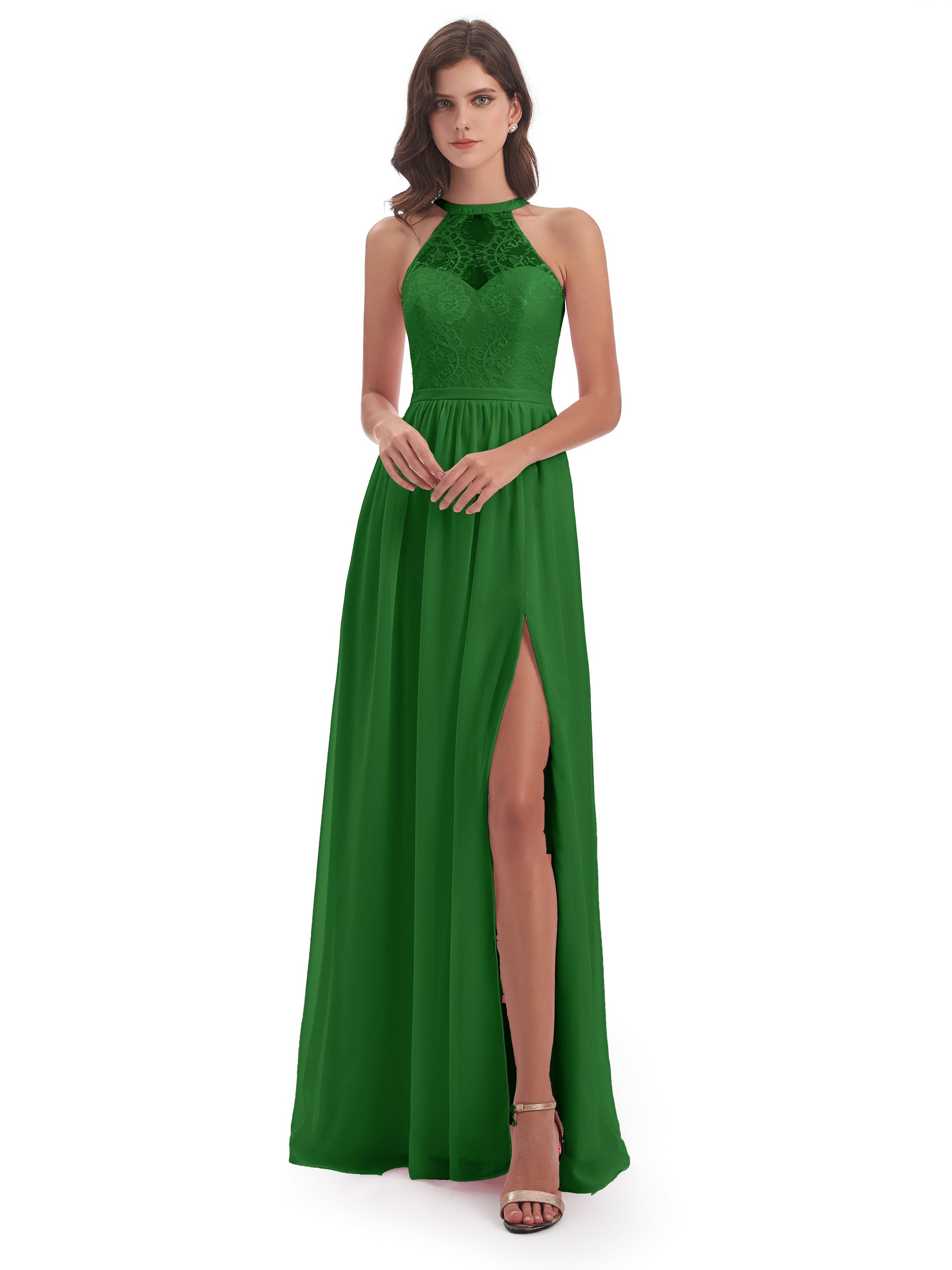 Robe De Demoiselle D'Honneur Verte Fendue Devant Licou Dentelle/Mousseline Robes Demoiselle D'Honneur
