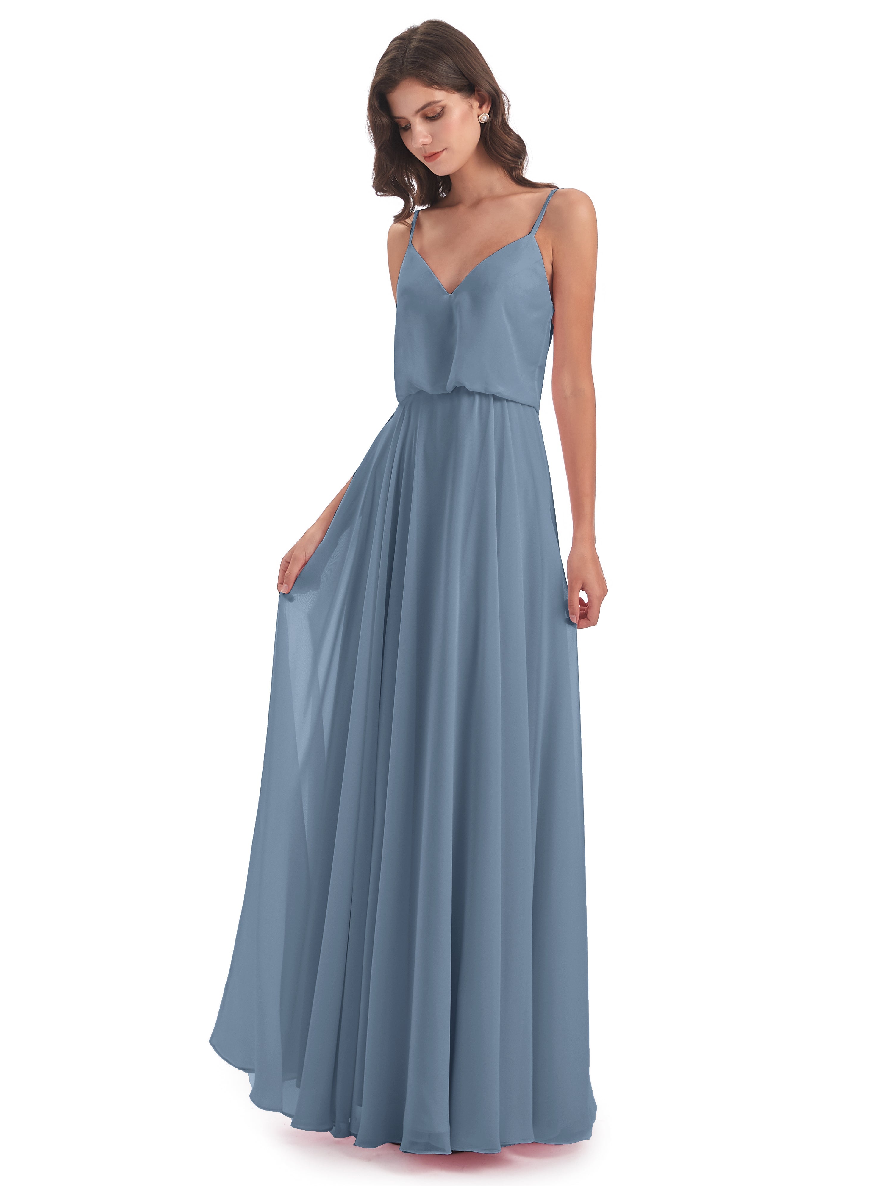 Robes De Demoiselle D'Honneur Bleu De Schiste Bretelles Spaghetti Mousseline Longue Robes Demoiselle D'Honneur