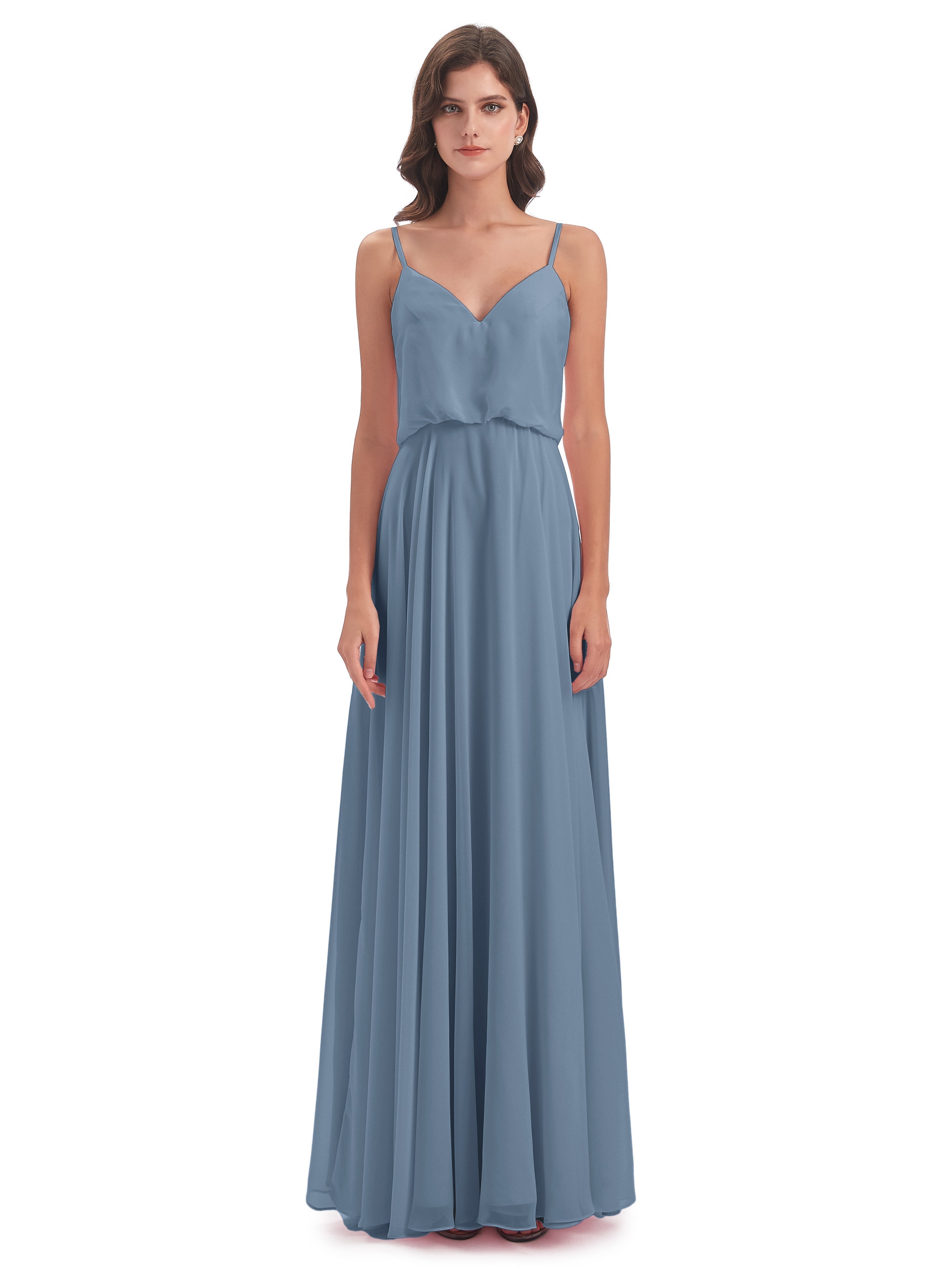 Robes De Demoiselle D'Honneur Bleu De Schiste Bretelles Spaghetti Mousseline Longue Robes Demoiselle D'Honneur