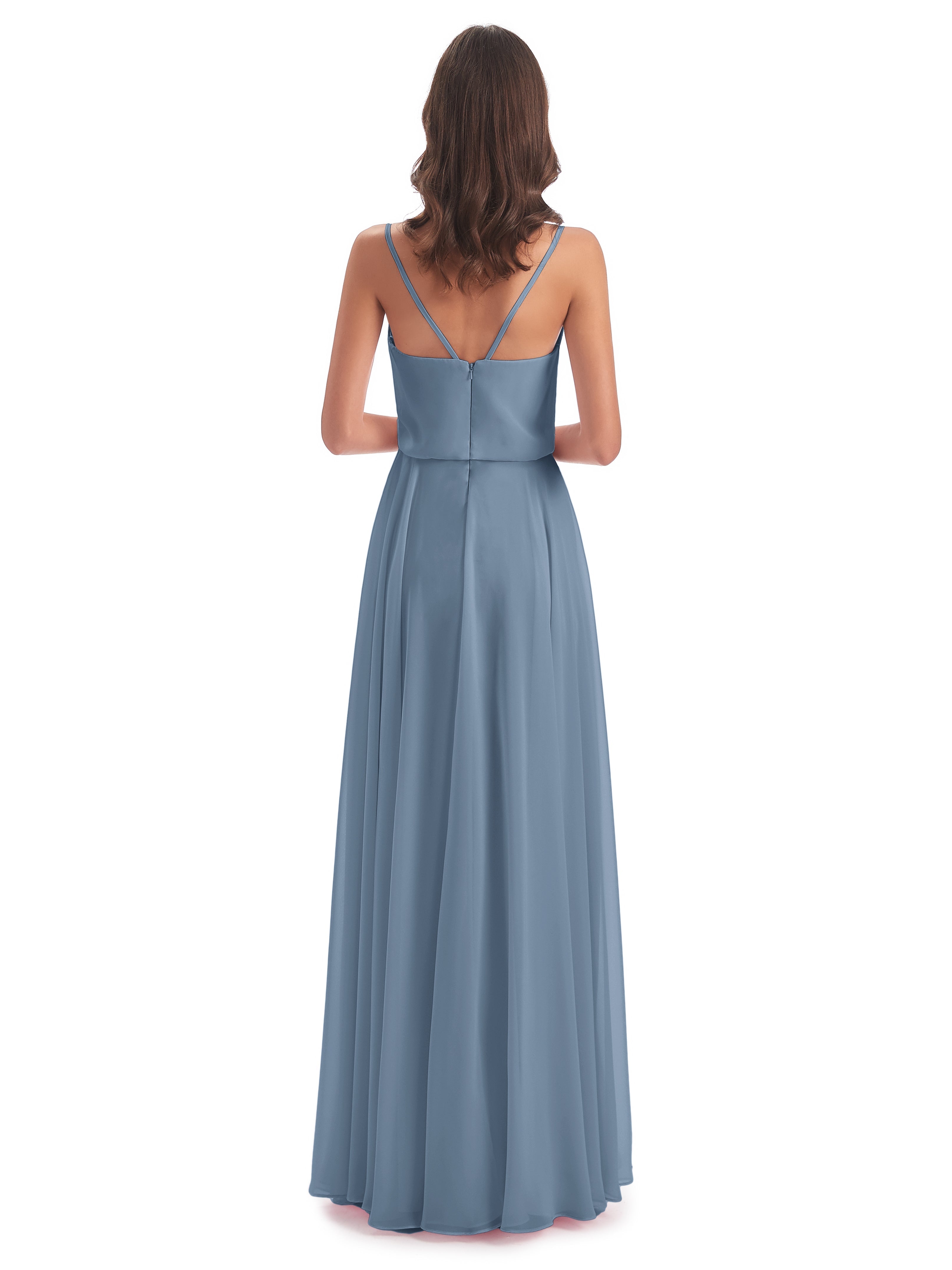 Robes De Demoiselle D'Honneur Bleu De Schiste Bretelles Spaghetti Mousseline Longue Robes Demoiselle D'Honneur