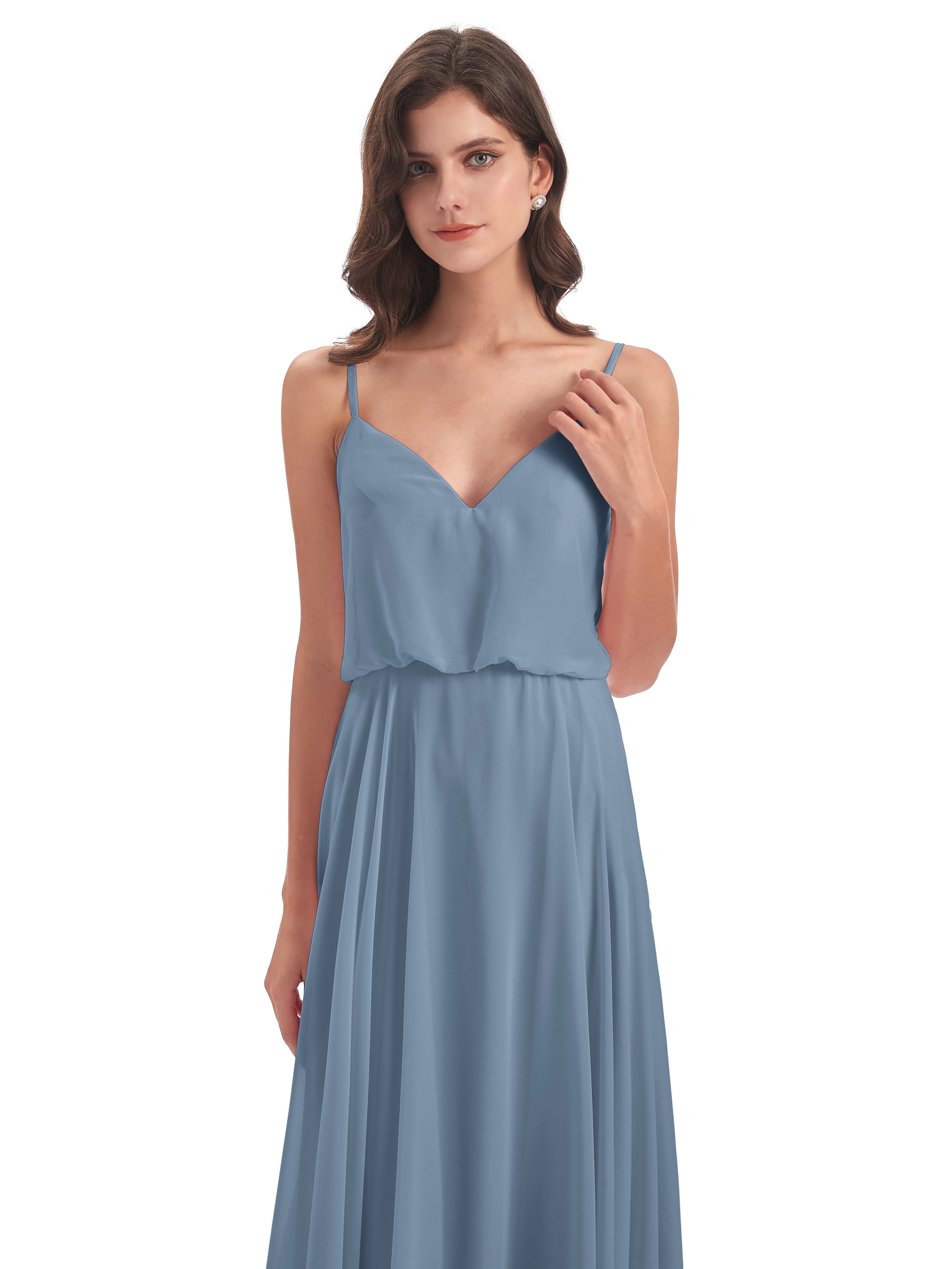 Robes De Demoiselle D'Honneur Bleu De Schiste Bretelles Spaghetti Mousseline Longue Robes Demoiselle D'Honneur