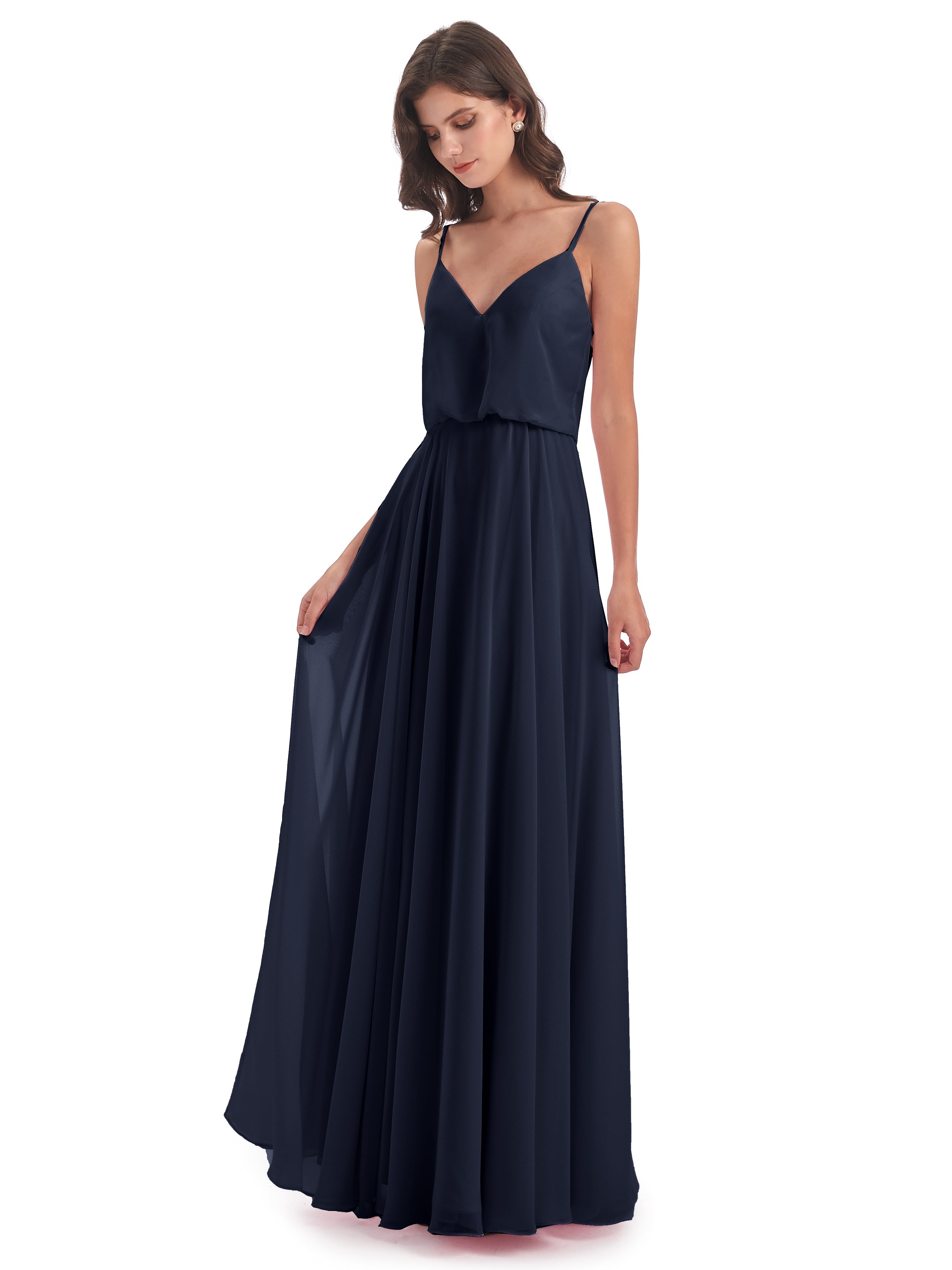 Robes De Demoiselle D'Honneur Bleu Marine Foncé Bretelles Spaghetti Mousseline Longue Robes Demoiselle D'Honneur