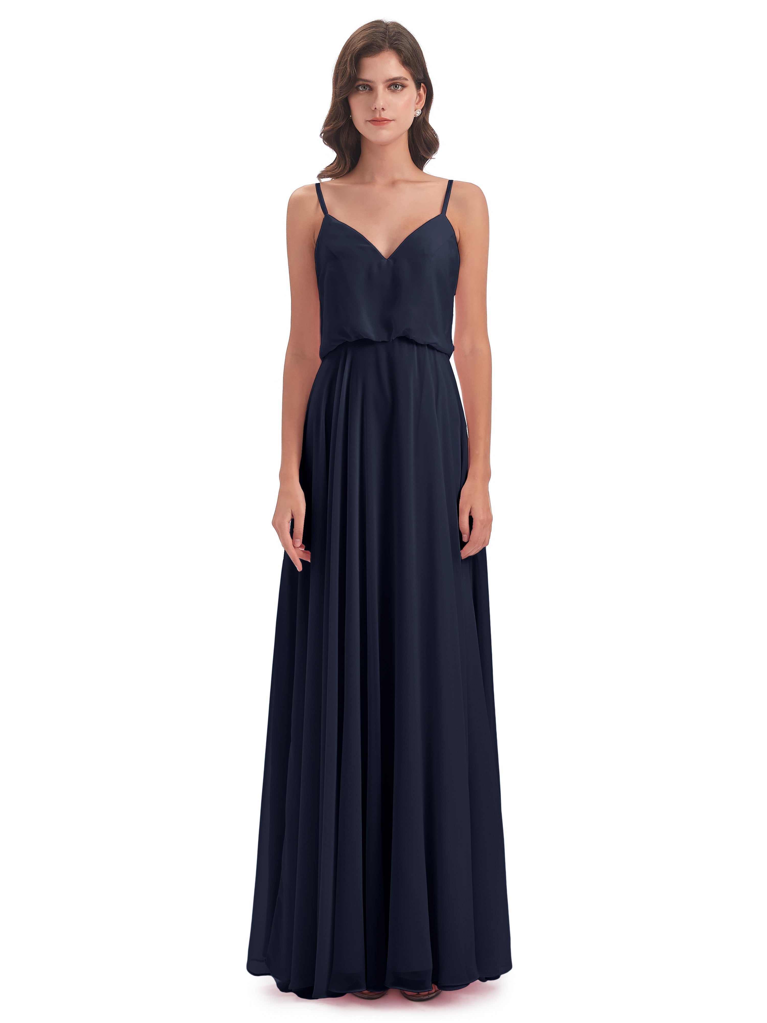 Robes De Demoiselle D'Honneur Bleu Marine Foncé Bretelles Spaghetti Mousseline Longue Robes Demoiselle D'Honneur